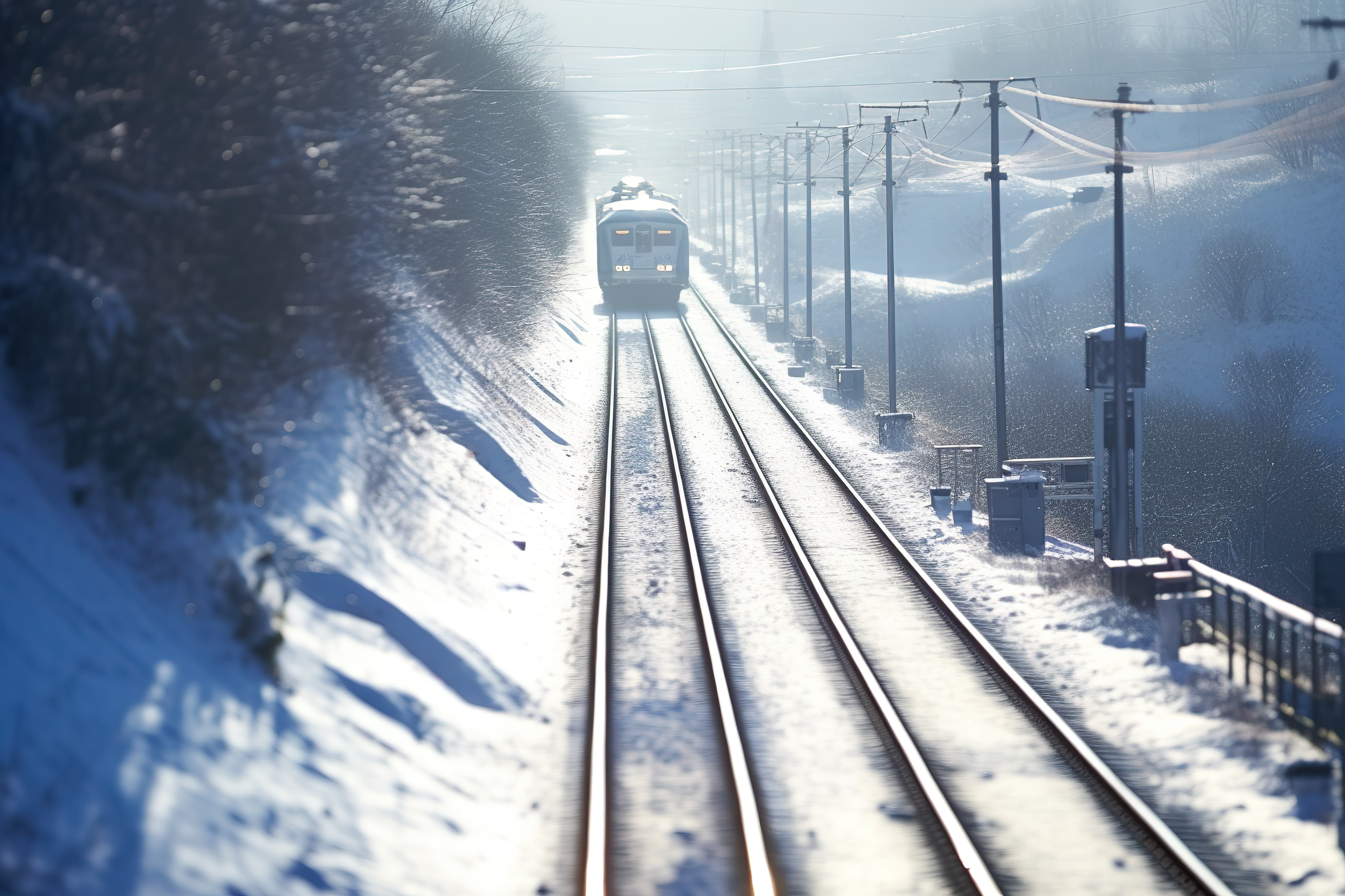 冬天雪边的火车轨道图片