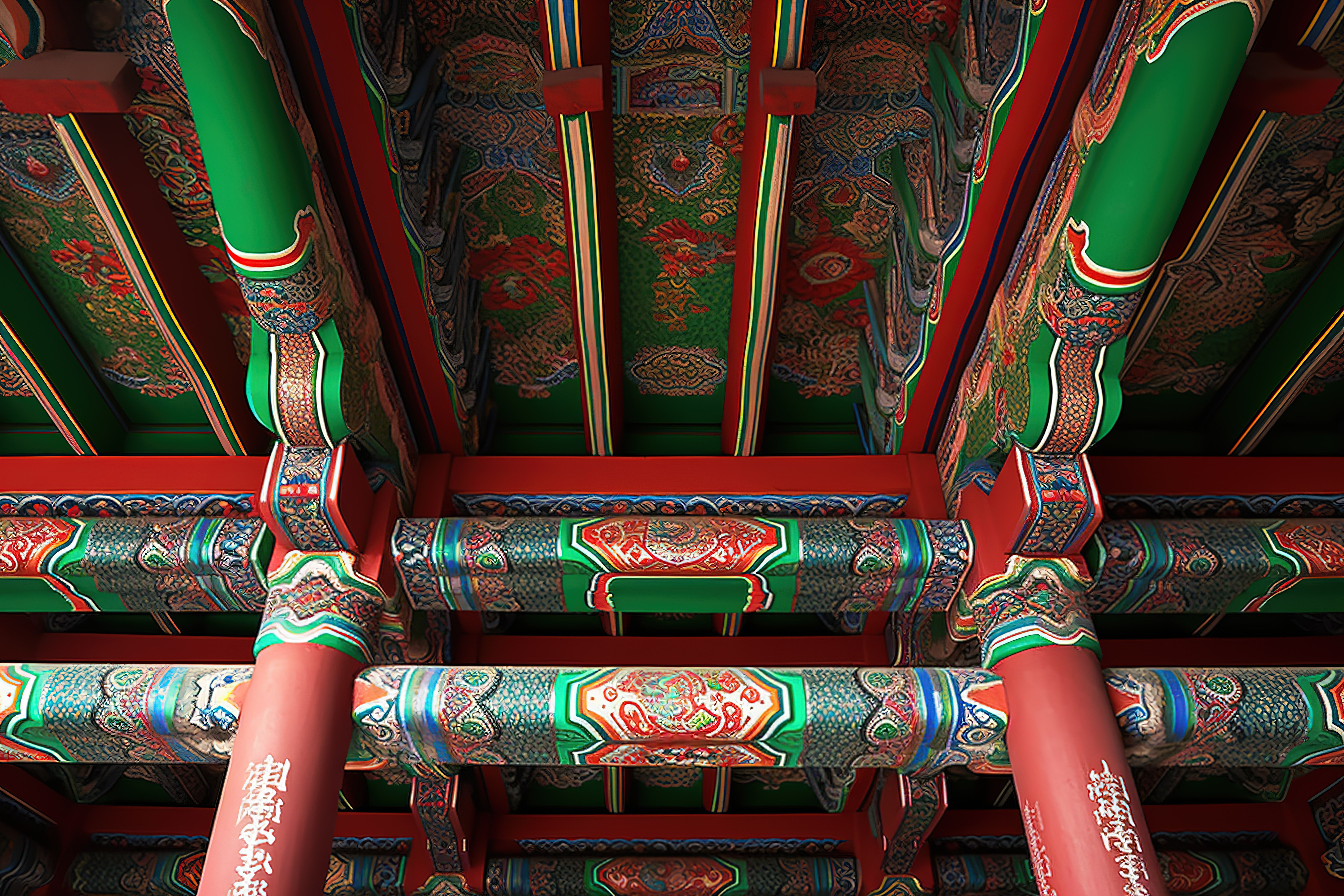 韩国宗教建筑内色彩鲜艳的天花板图片