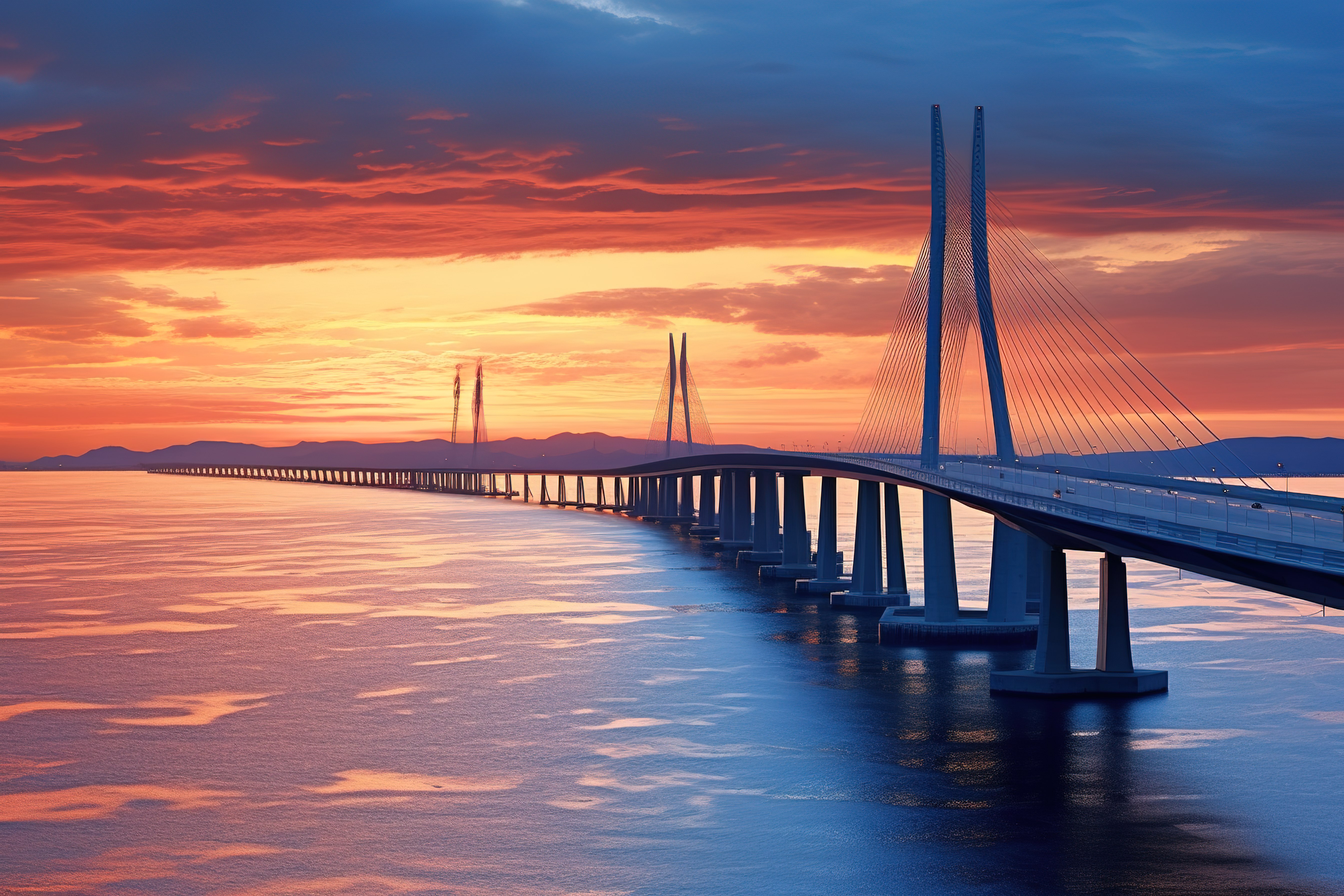 一座横跨海洋的巨大桥梁，背景是黄色的天空图片
