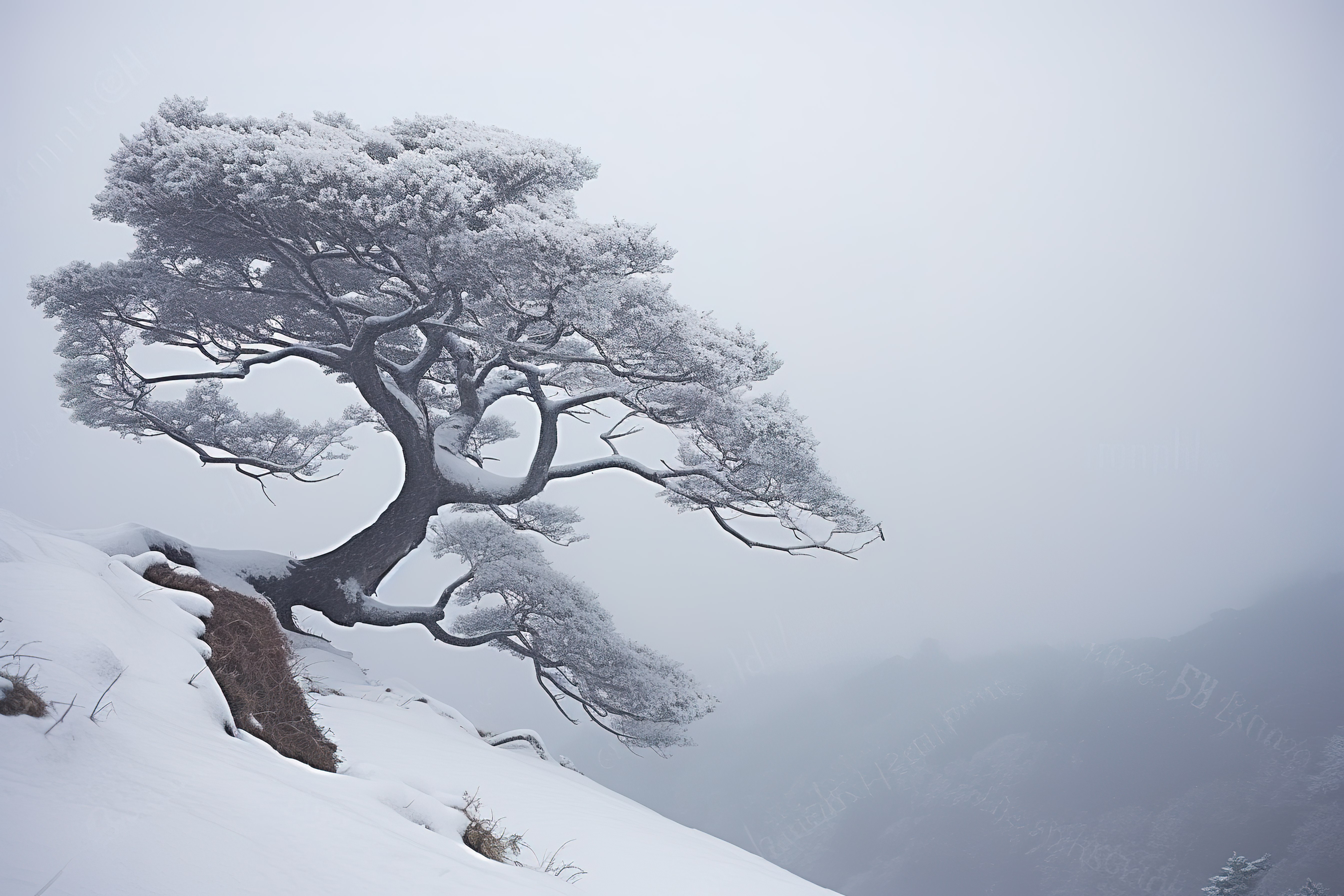 山脊上有一棵有雪的树图片