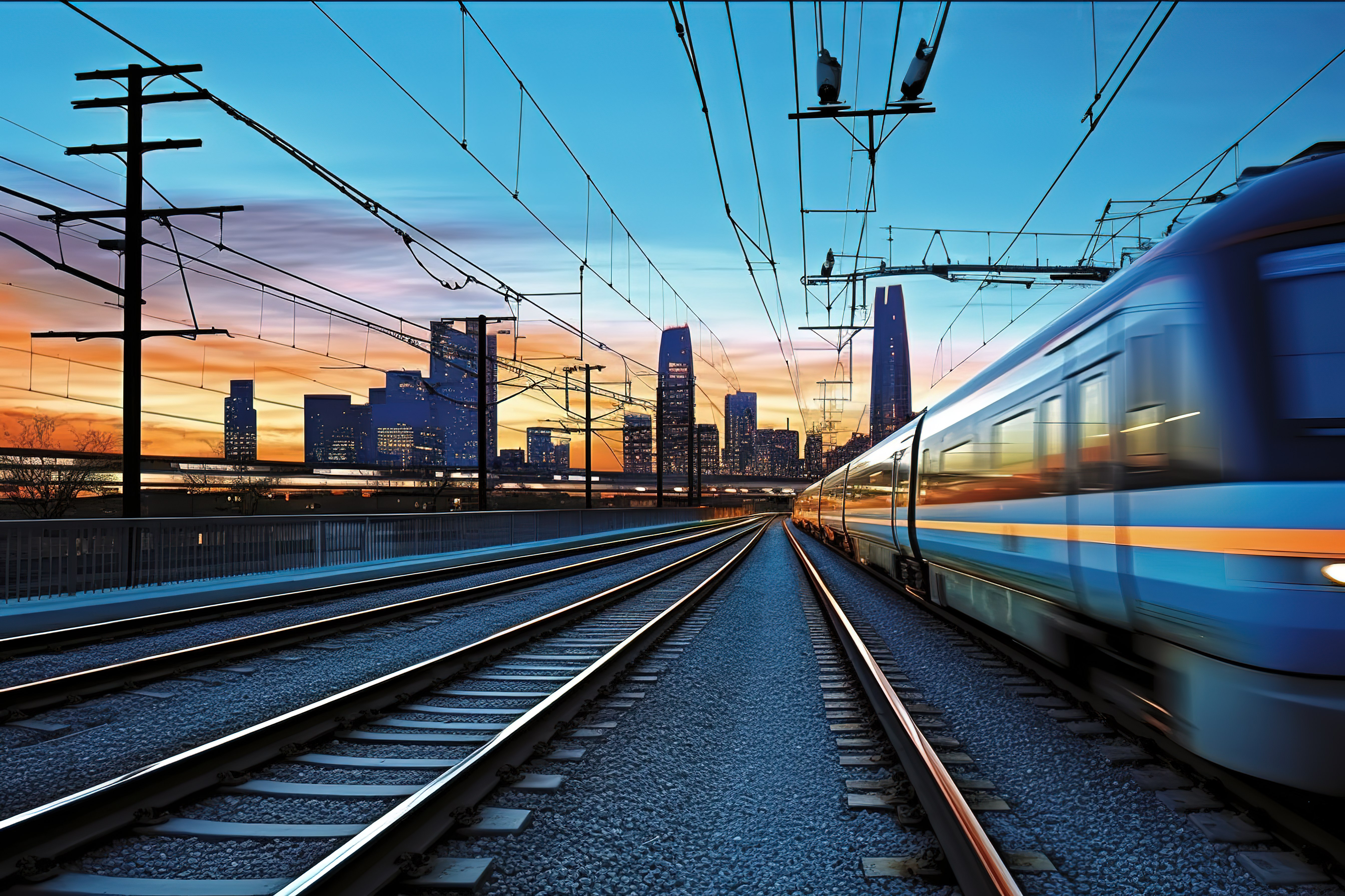 黄昏城市的地铁里的火车在城市街道的黄昏火车轨道上图片