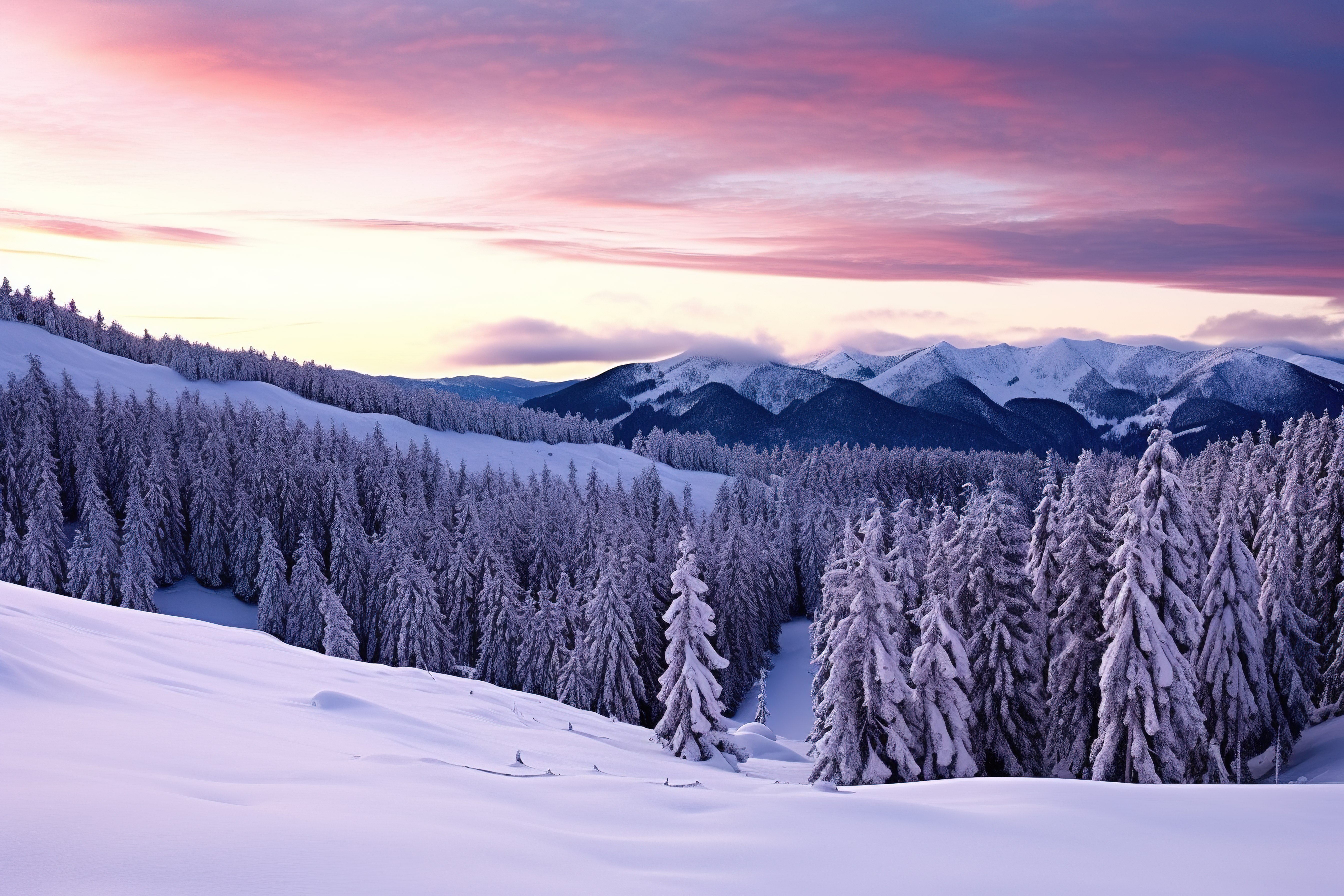 太阳落山时，一座白雪覆盖的山上覆盖着树木和雪图片