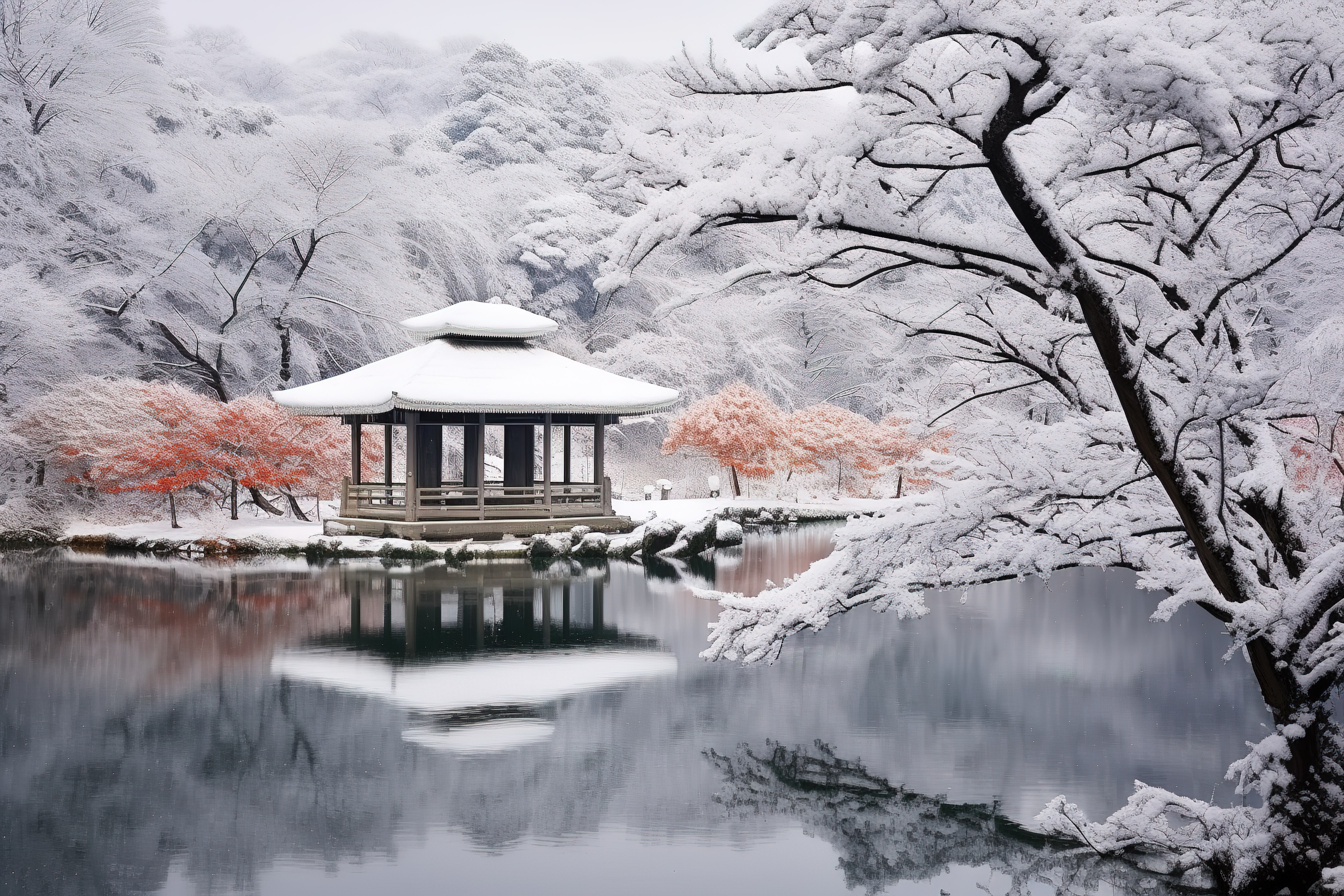 池塘边的一间小屋，树上白雪皑皑图片