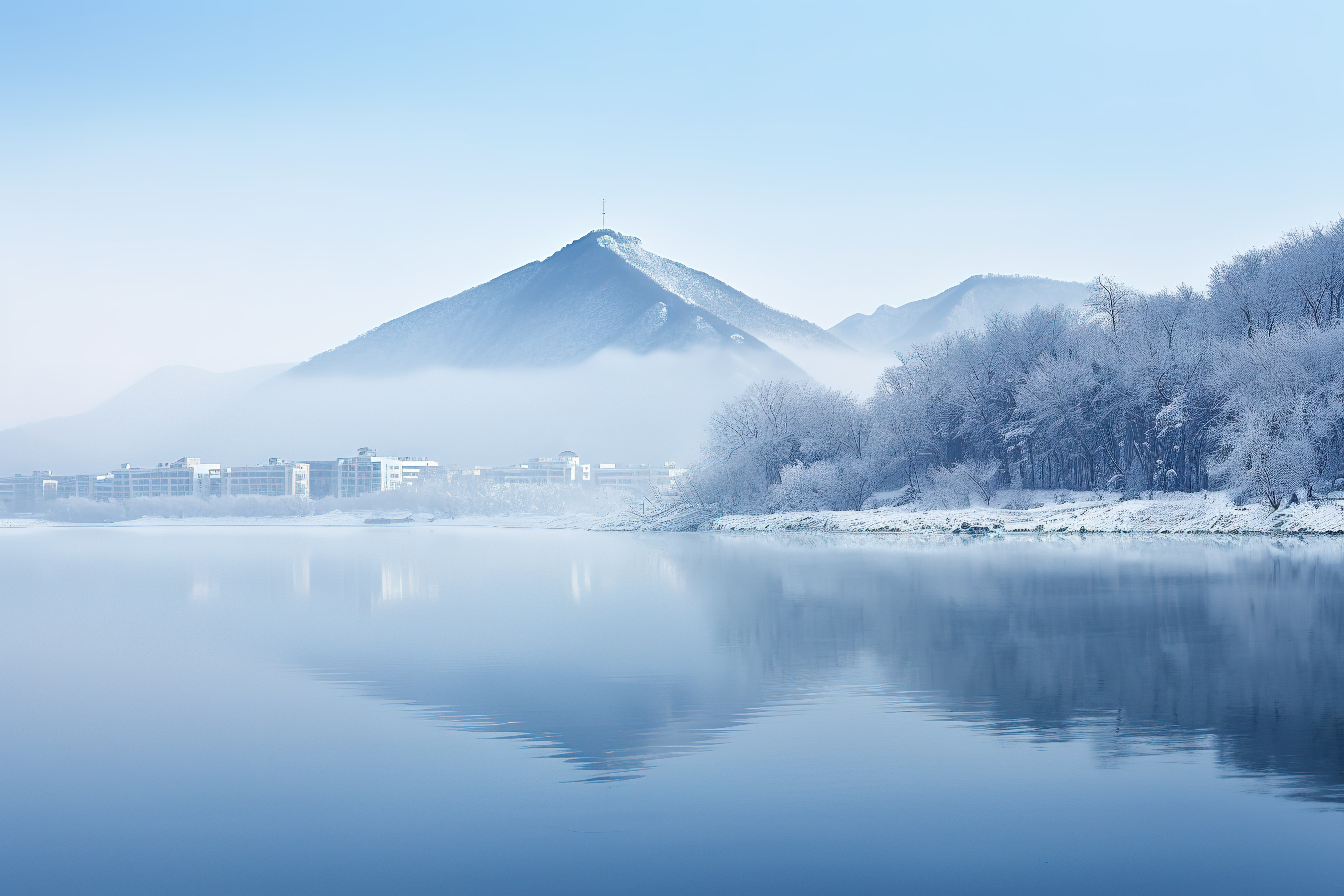 被雪和山包围的湖，一侧有水图片