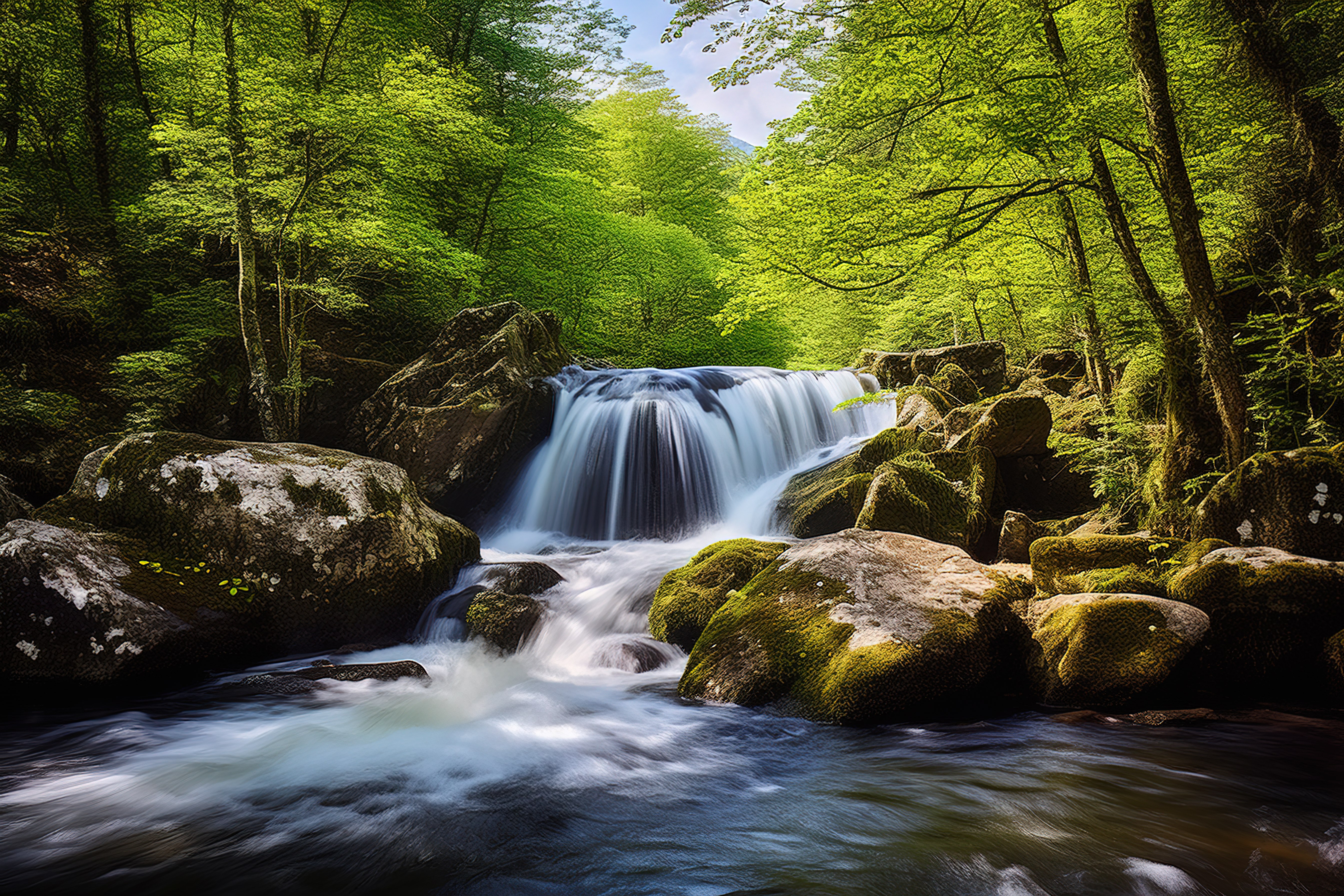 绿色森林环境中的瀑布和湍急的溪流图片