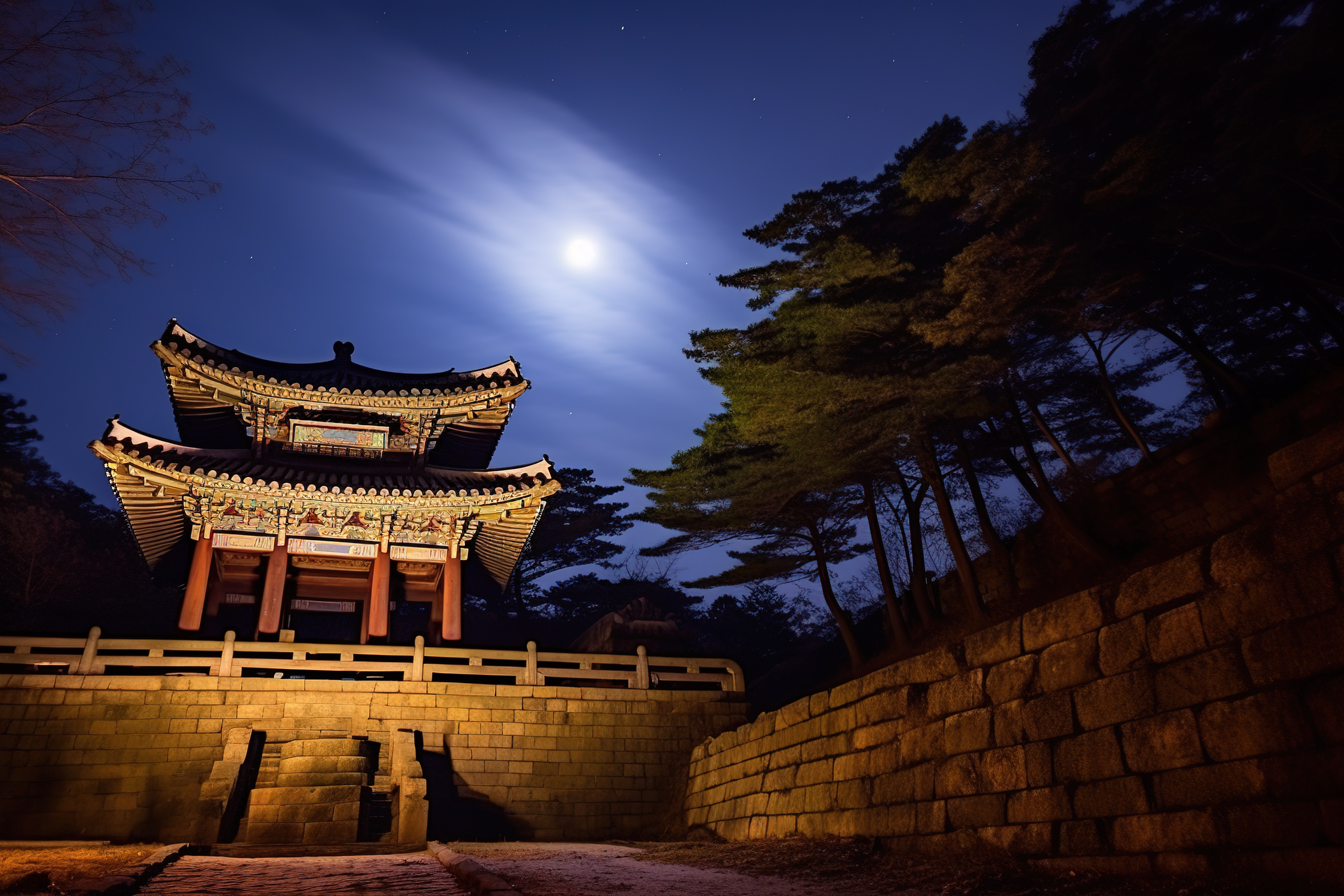 夜晚月亮映衬下的一座古老的韩国建筑图片