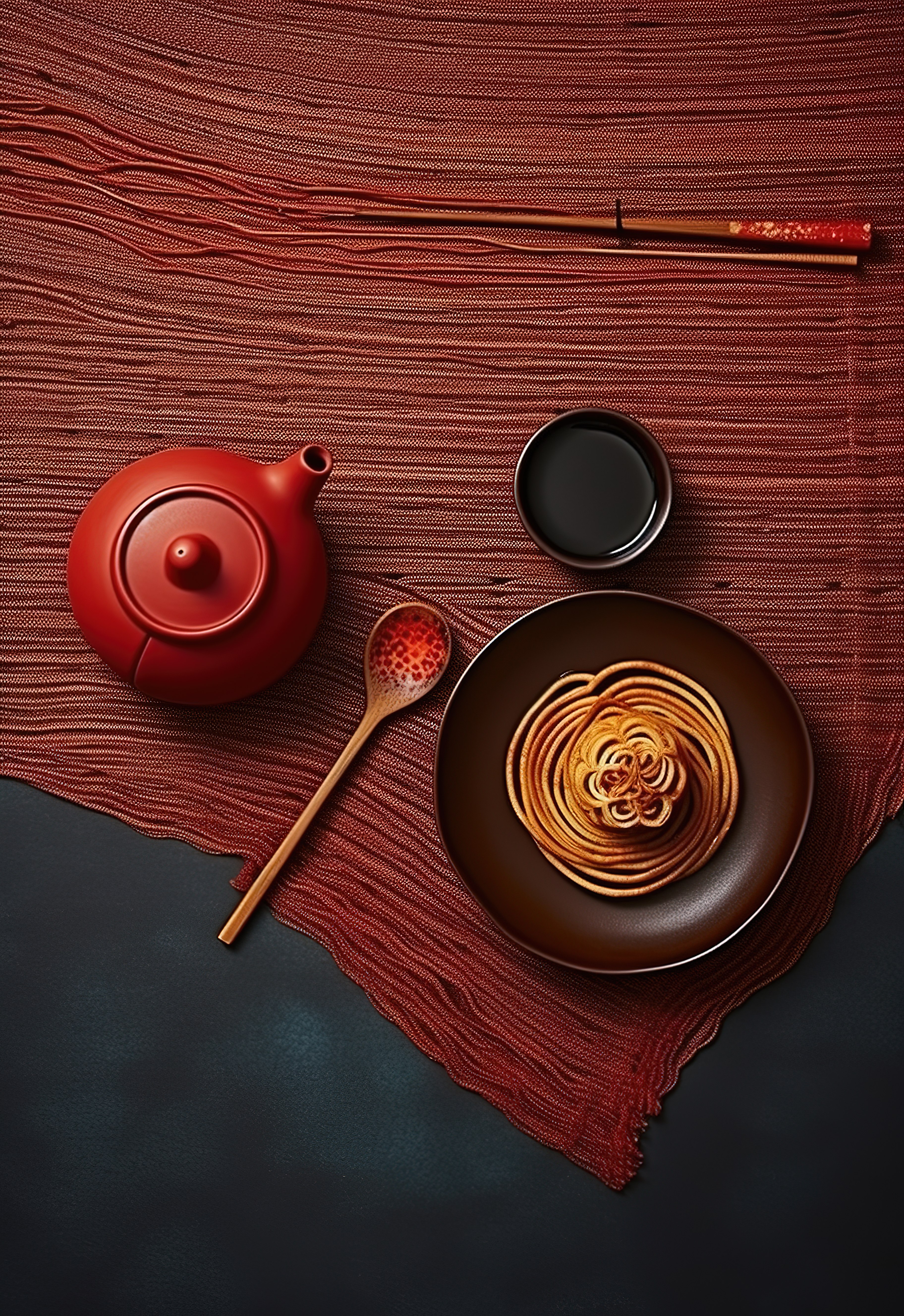 中国蒸米粉茶壶和筷子在桌子上图片