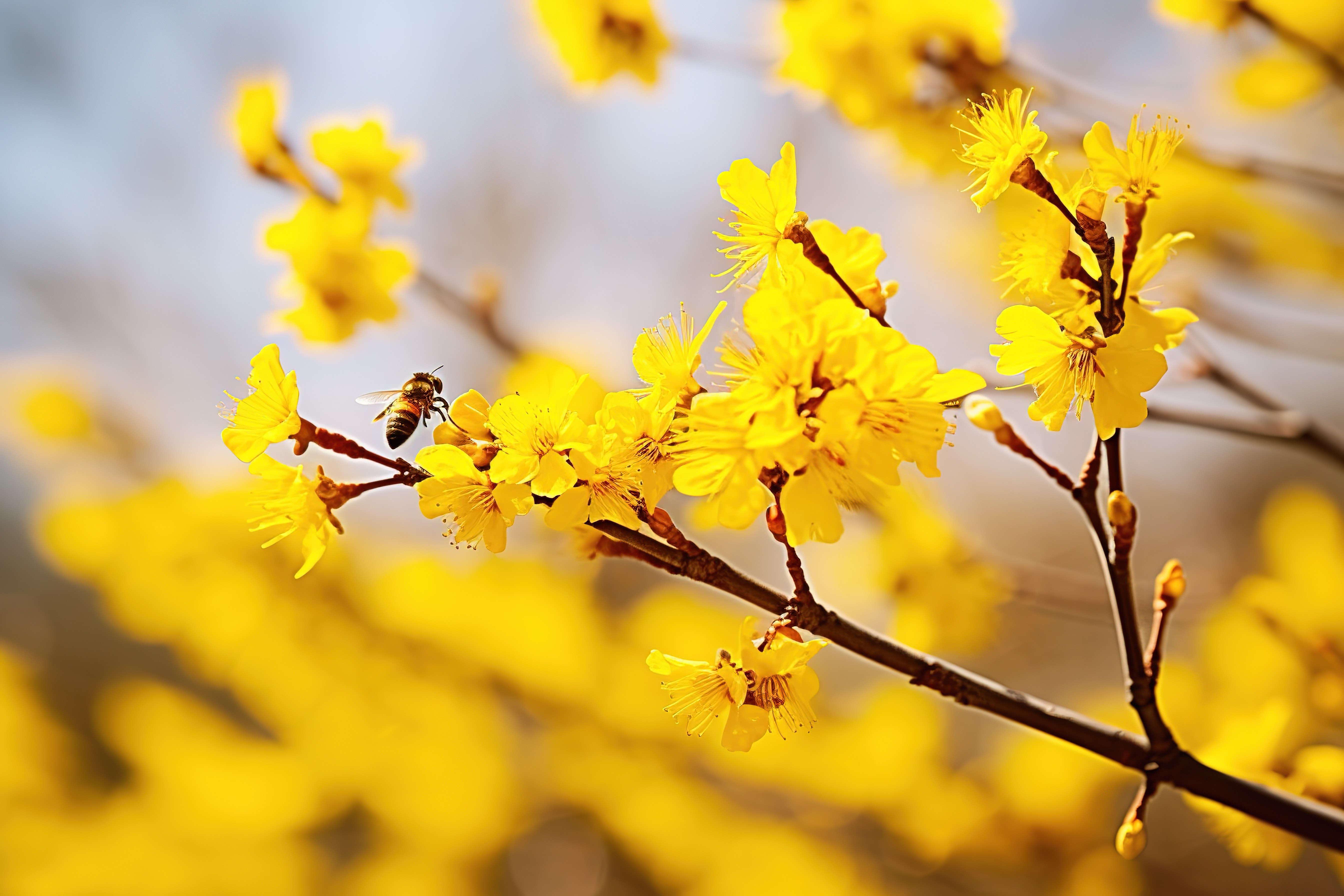 黄枝上的花朵，蜜蜂飞来采花粉坚果图片