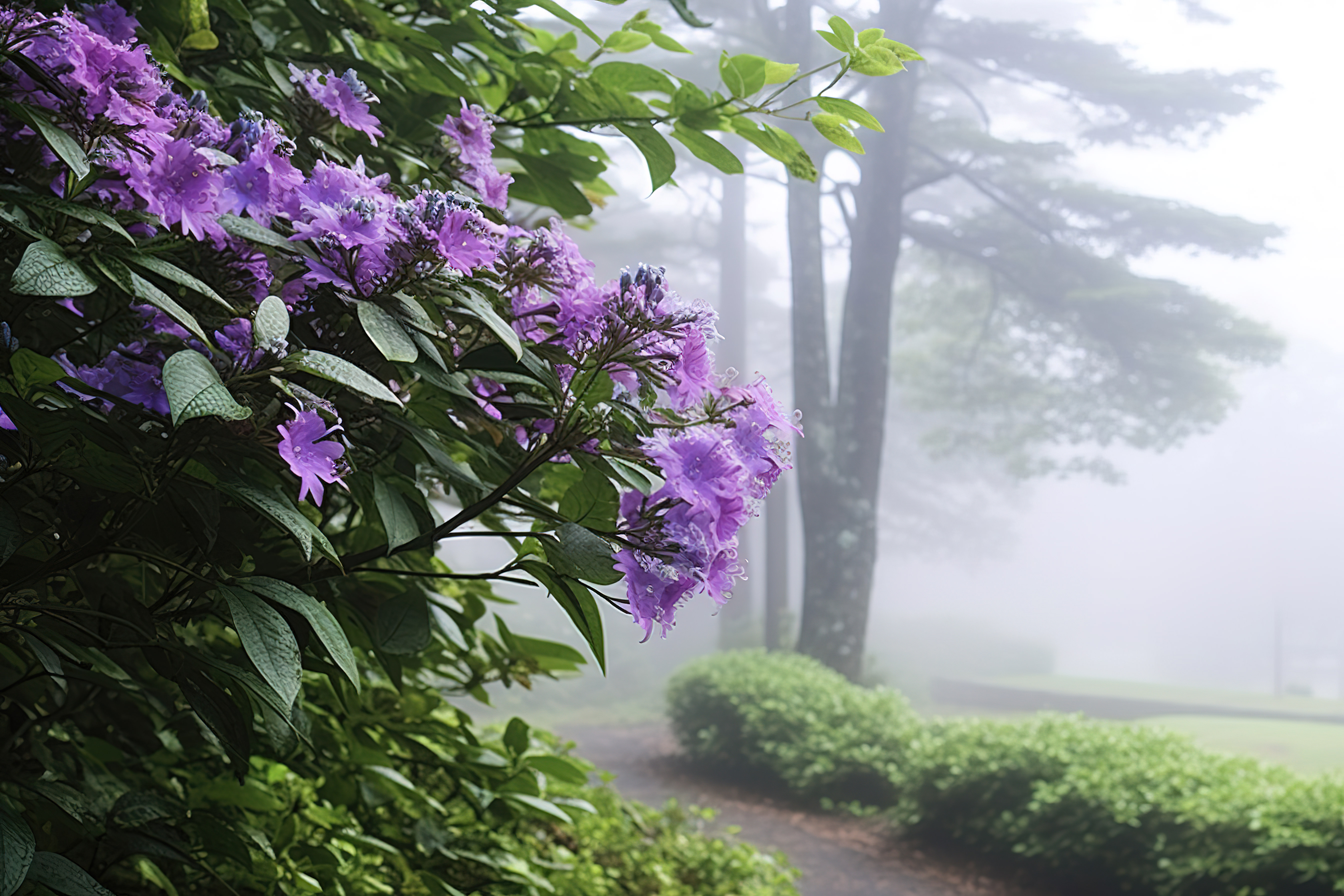 沿着小路，雾绿树荫下的紫色花朵图片