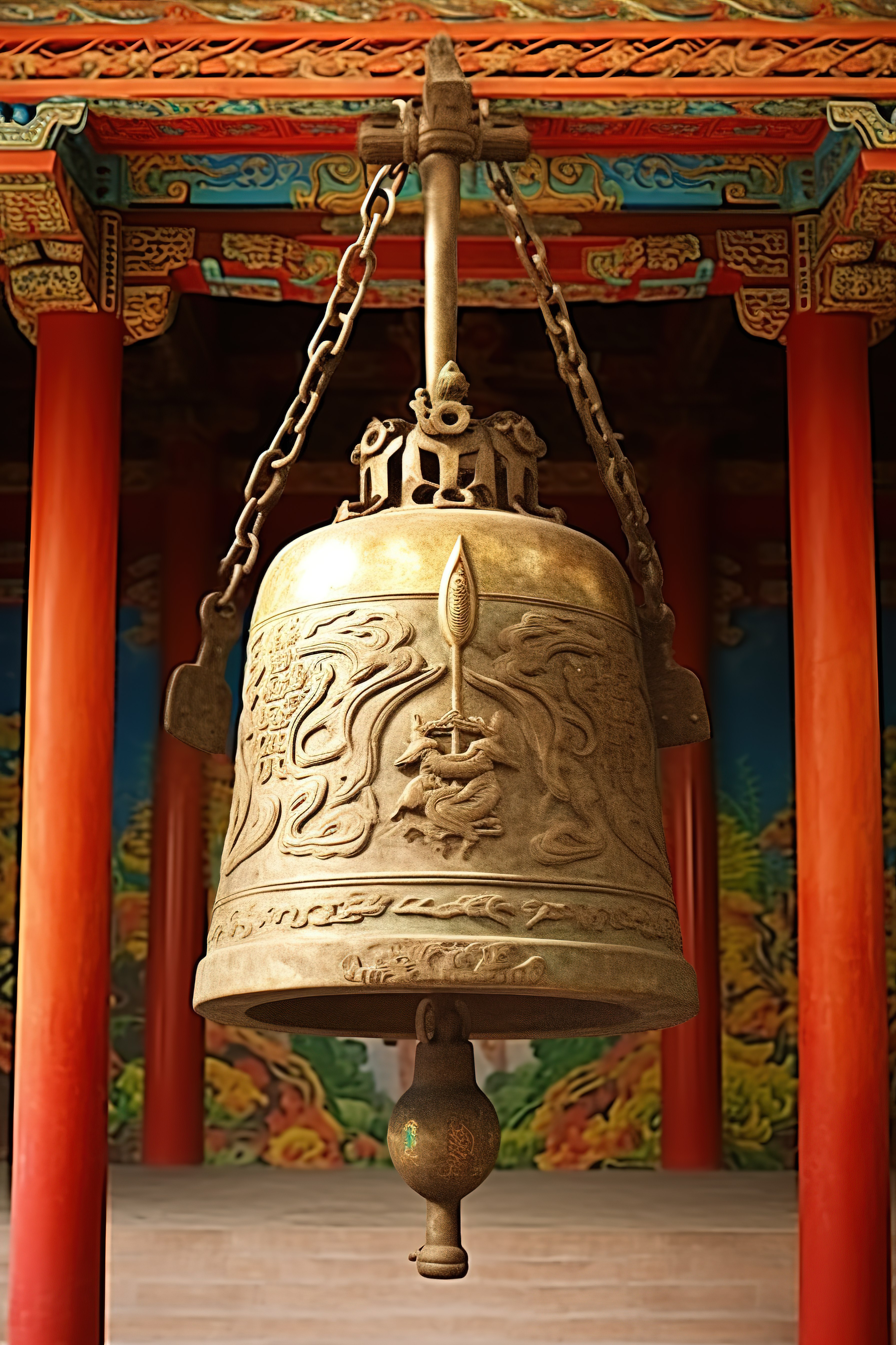 一座大钟坐落在一栋中国建筑的彩绘背景上图片