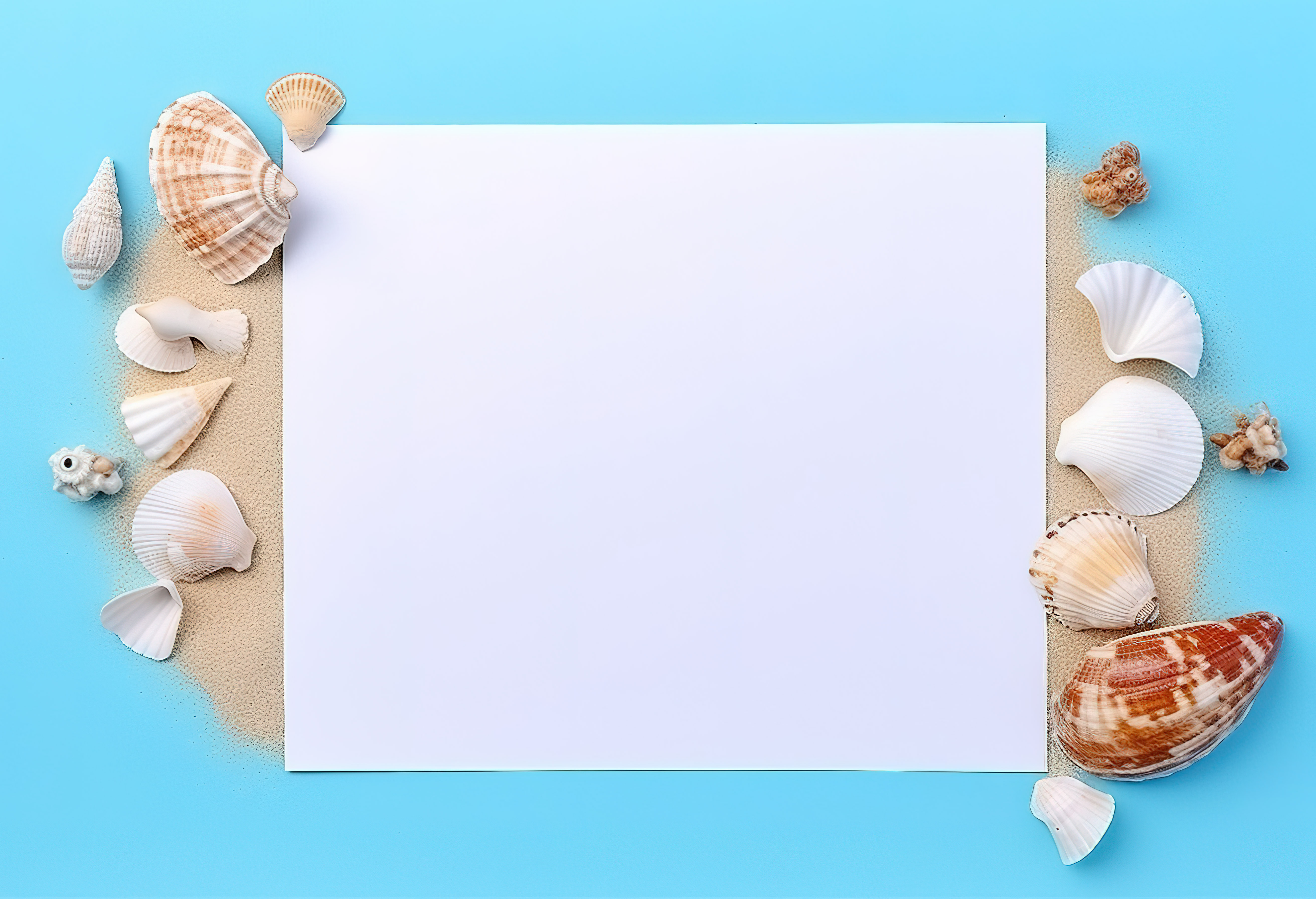 海贝壳围绕着蓝板上的一张空白卡图片