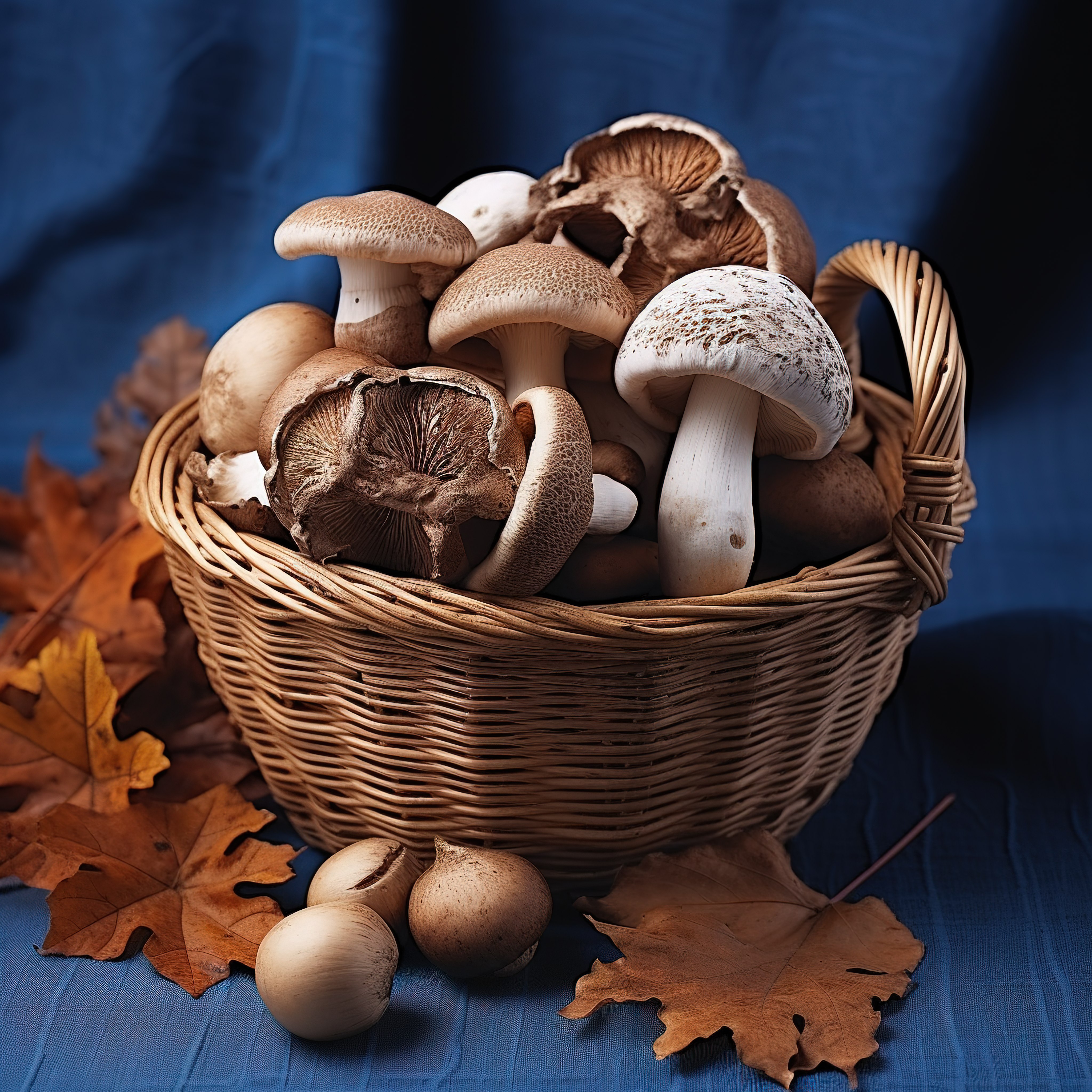 蓝色桌布上篮子里的野生蘑菇图片