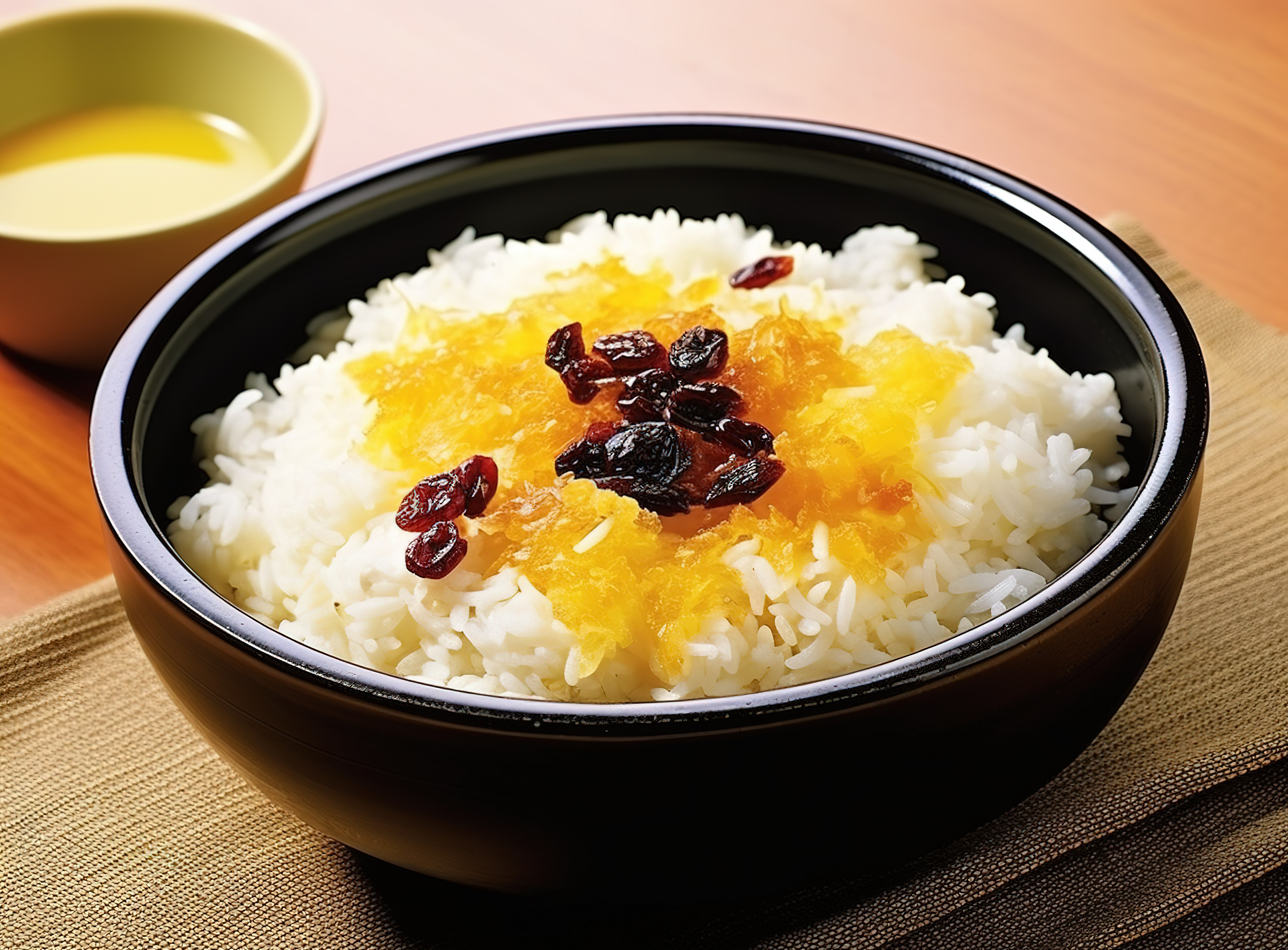 一碗米饭放在一个黄色的盘子上图片