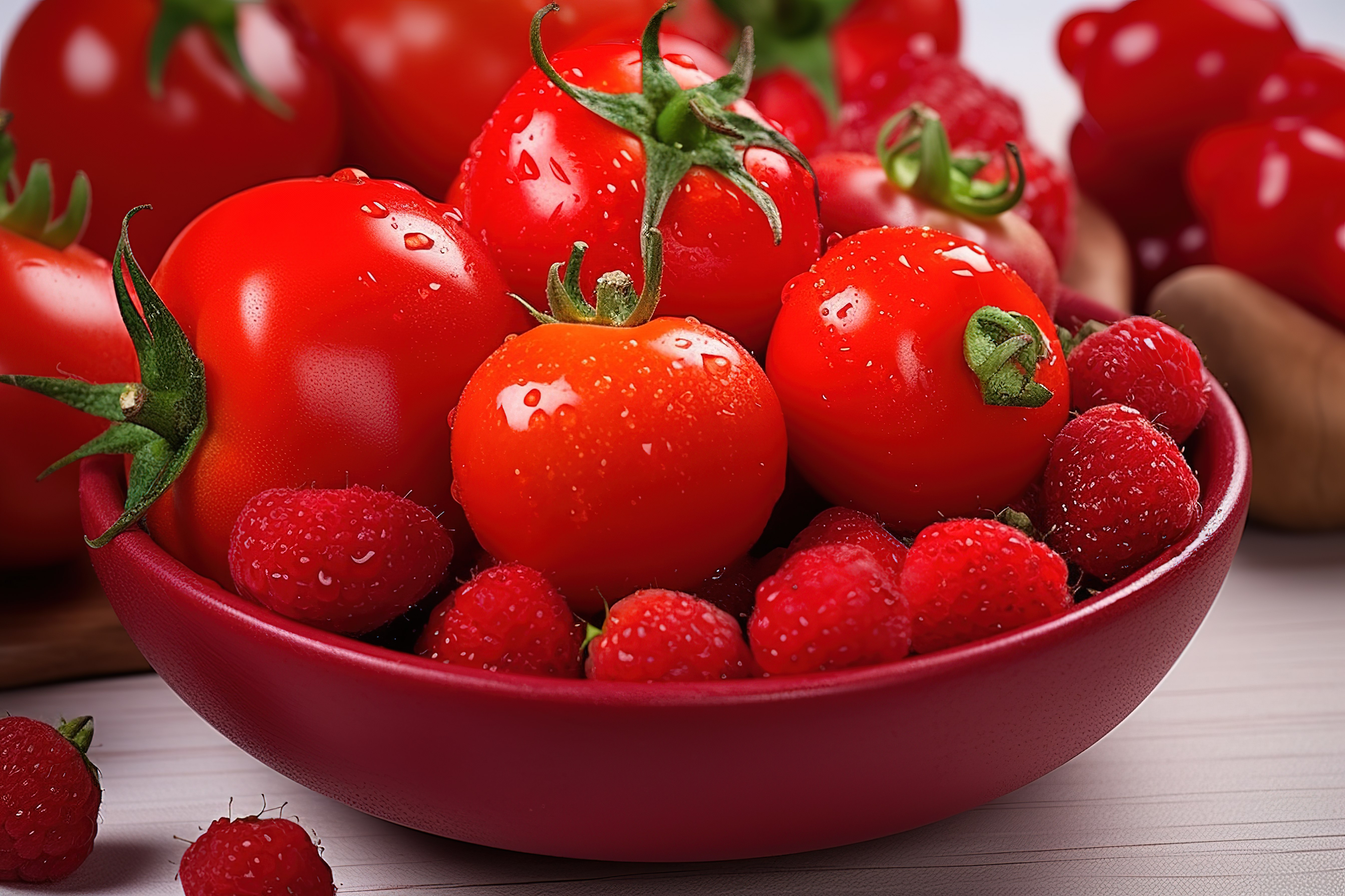 一碗红色水果，包括番茄和草莓图片
