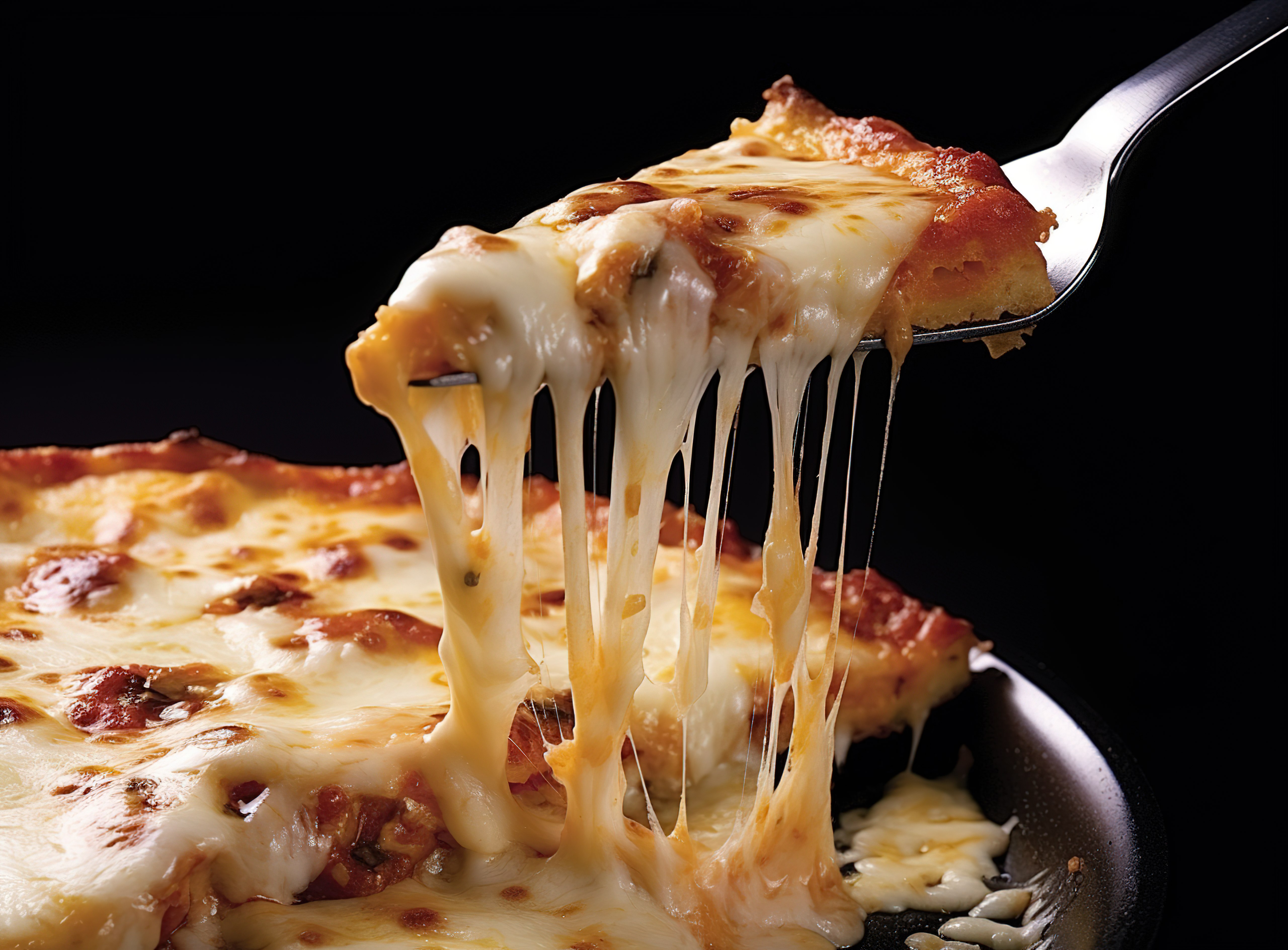 用叉子将一片披萨切成薄片图片