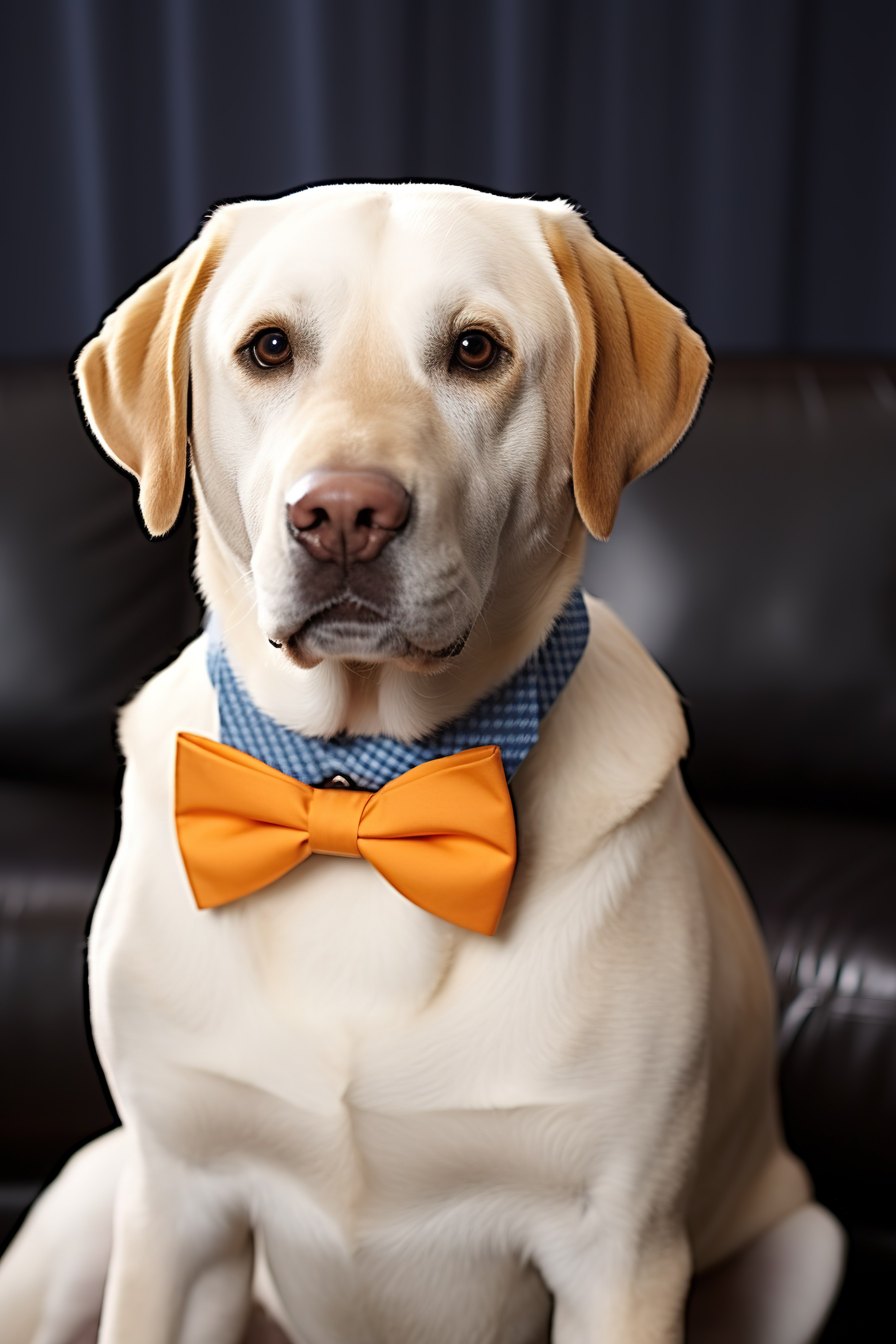 一只黄色拉布拉多犬，穿着蓝色西装，打着领结图片