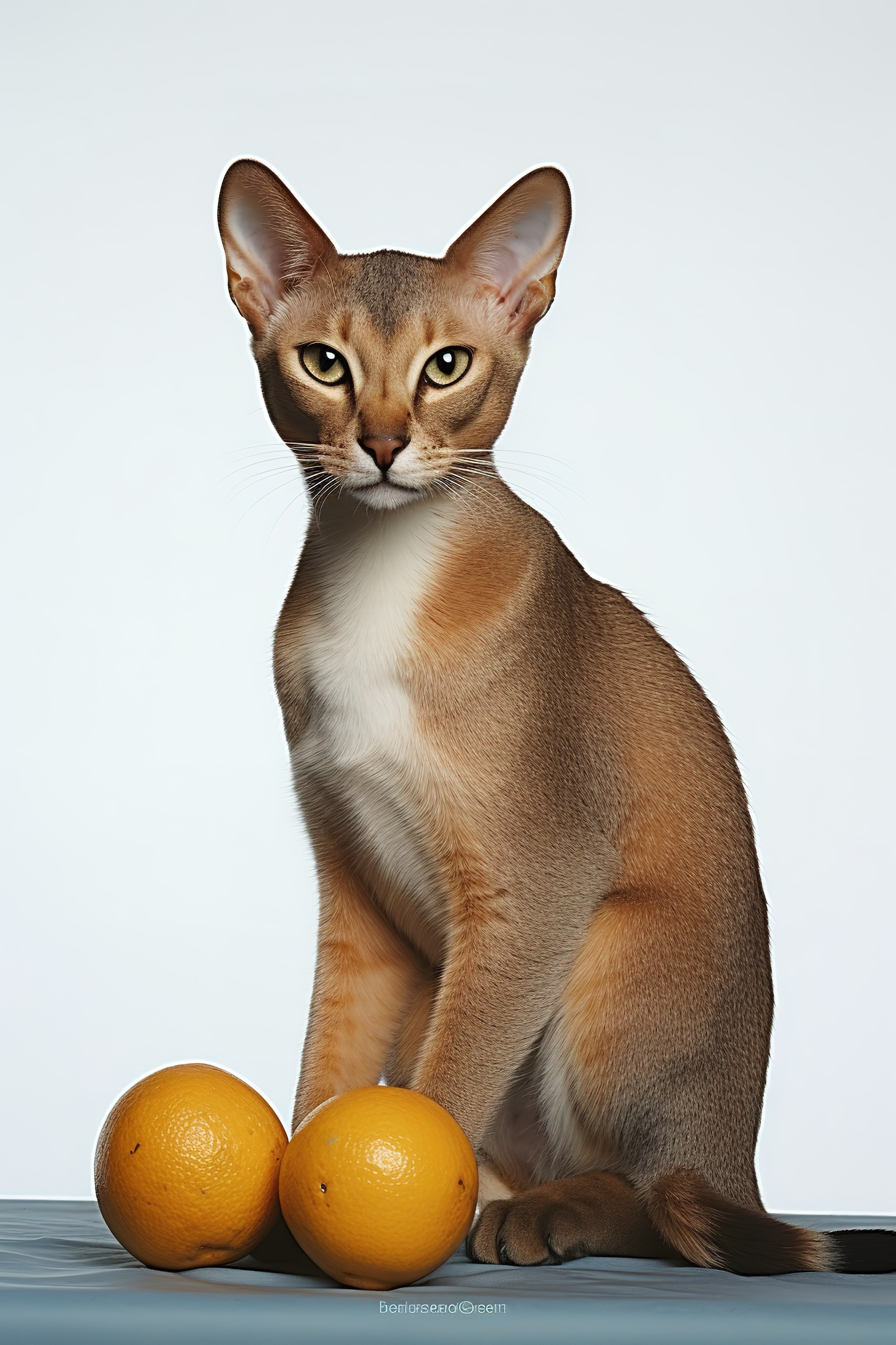 混血猫坐在白色的桌子上，额头上有一个橙色的斑点图片
