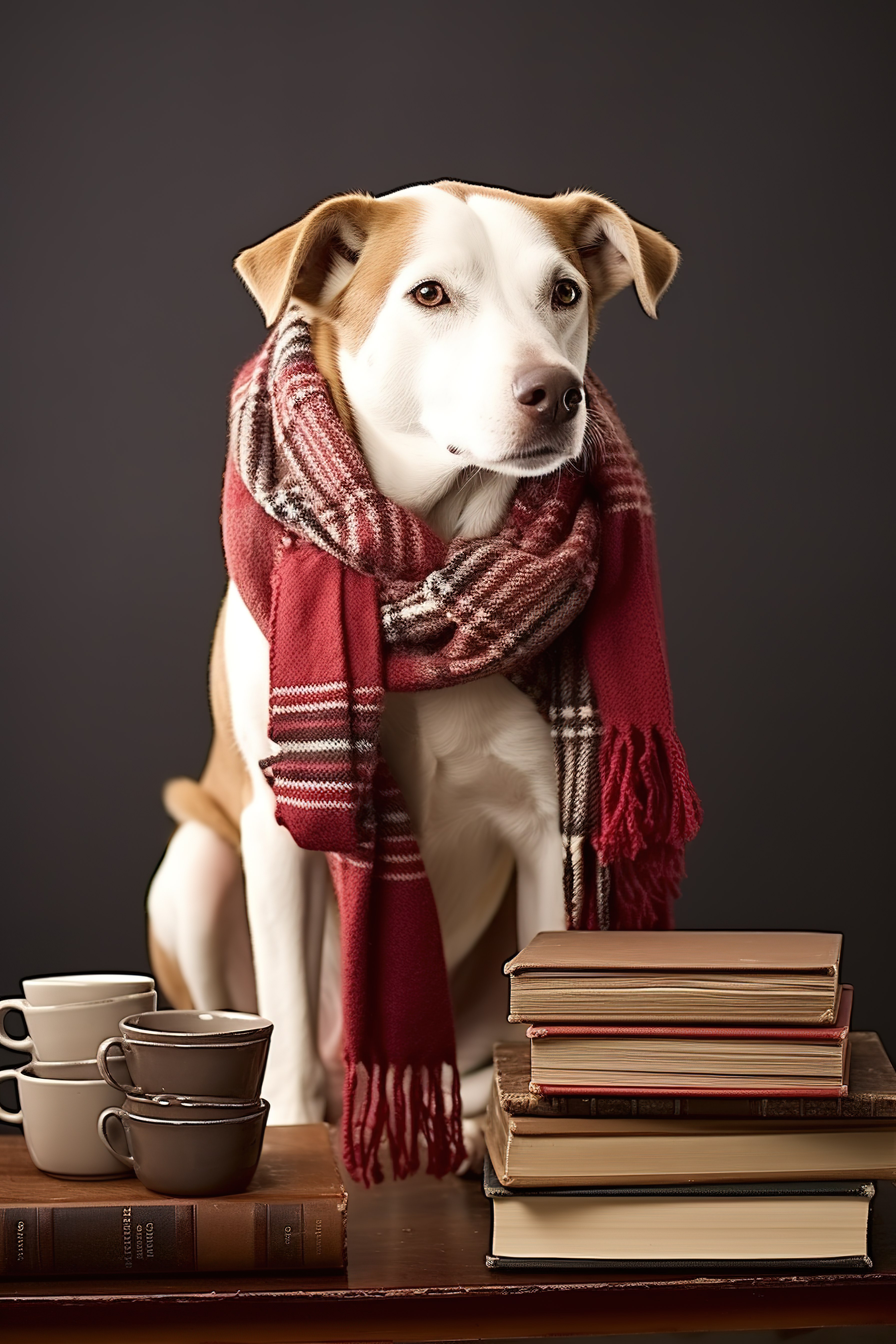 一只狗坐在书旁边，戴着围巾图片