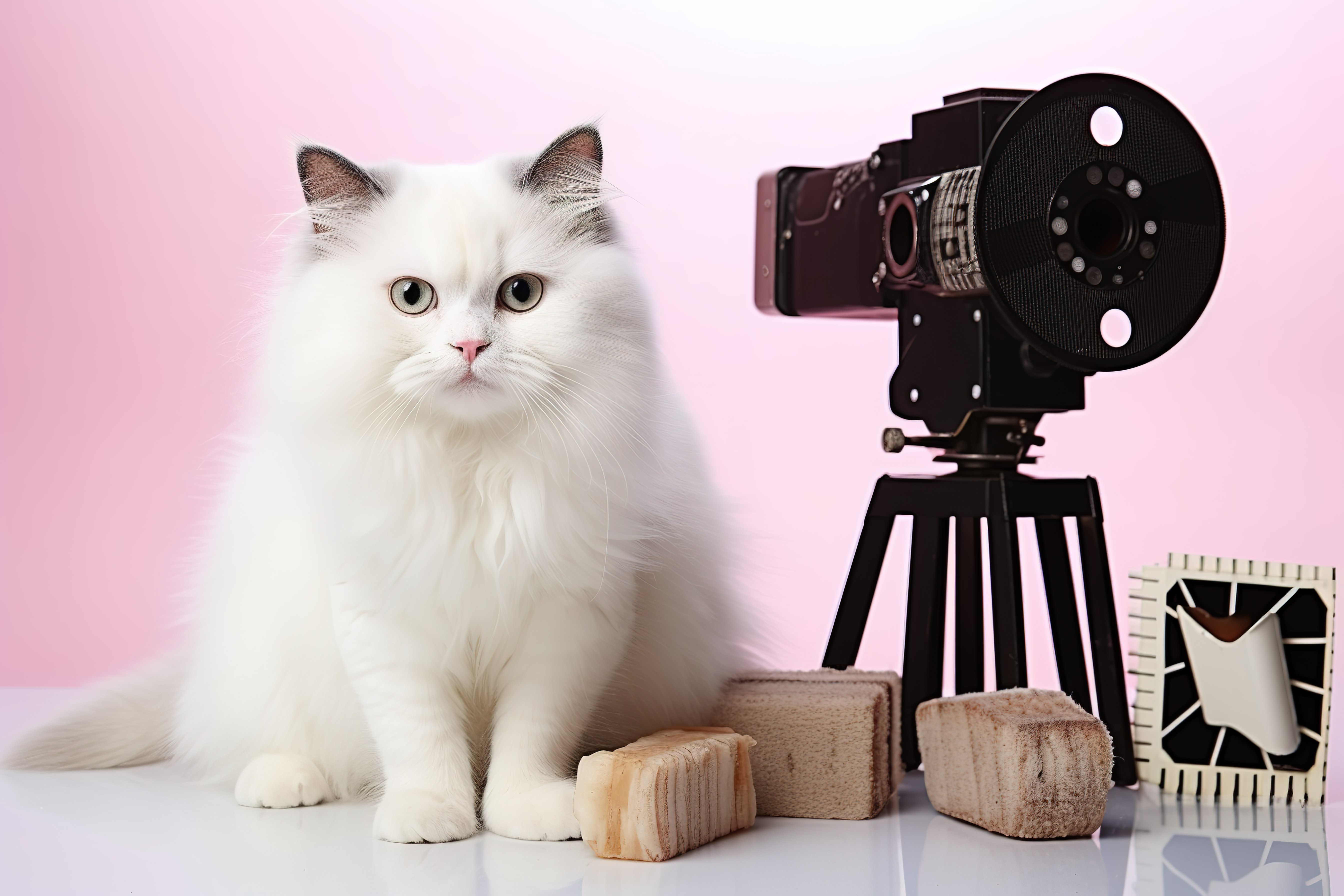 坐在胶片相机和电影拍板旁边的白猫图片