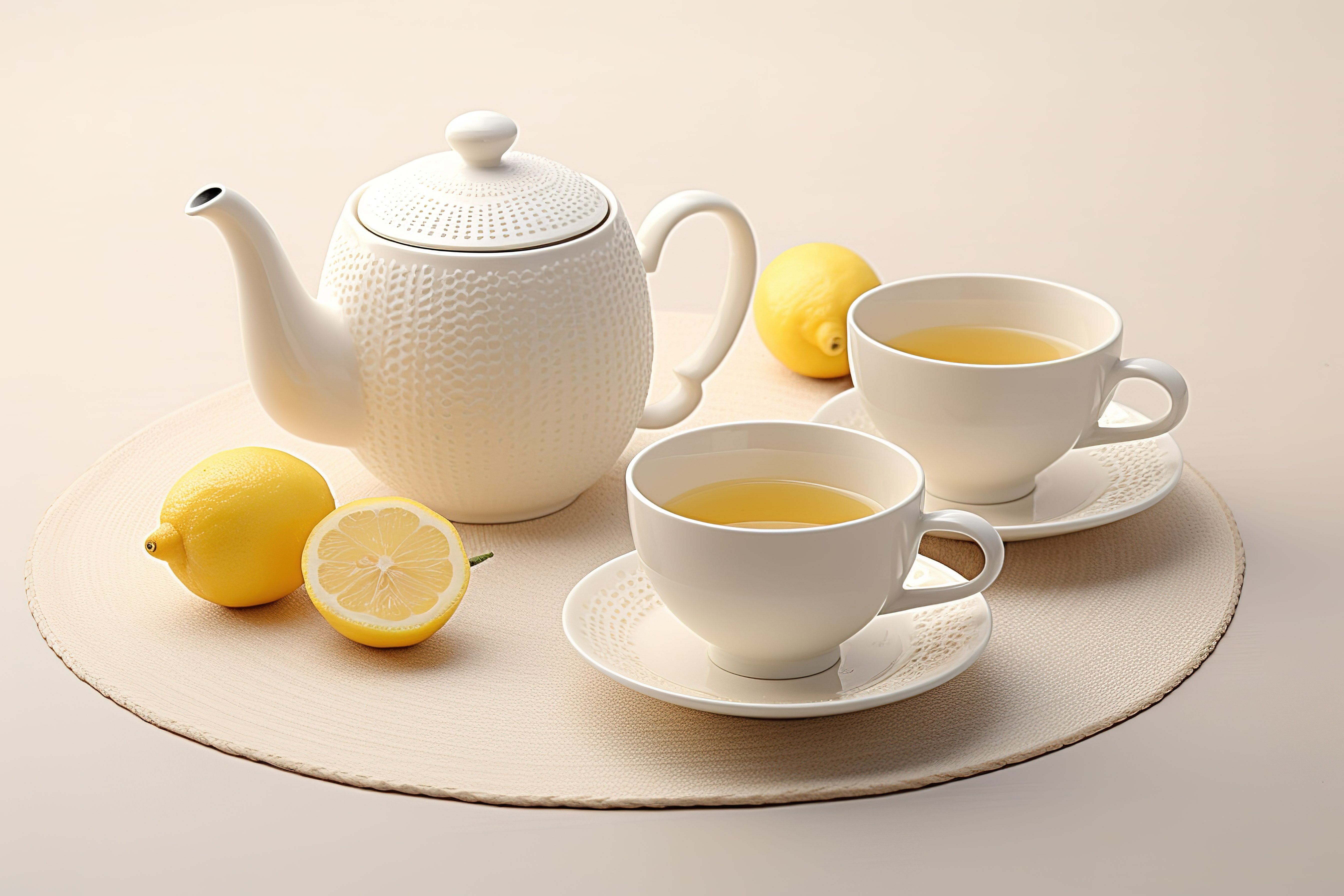 茶倒在杯子和勺子上，柠檬片和茶壶坐在它前面图片