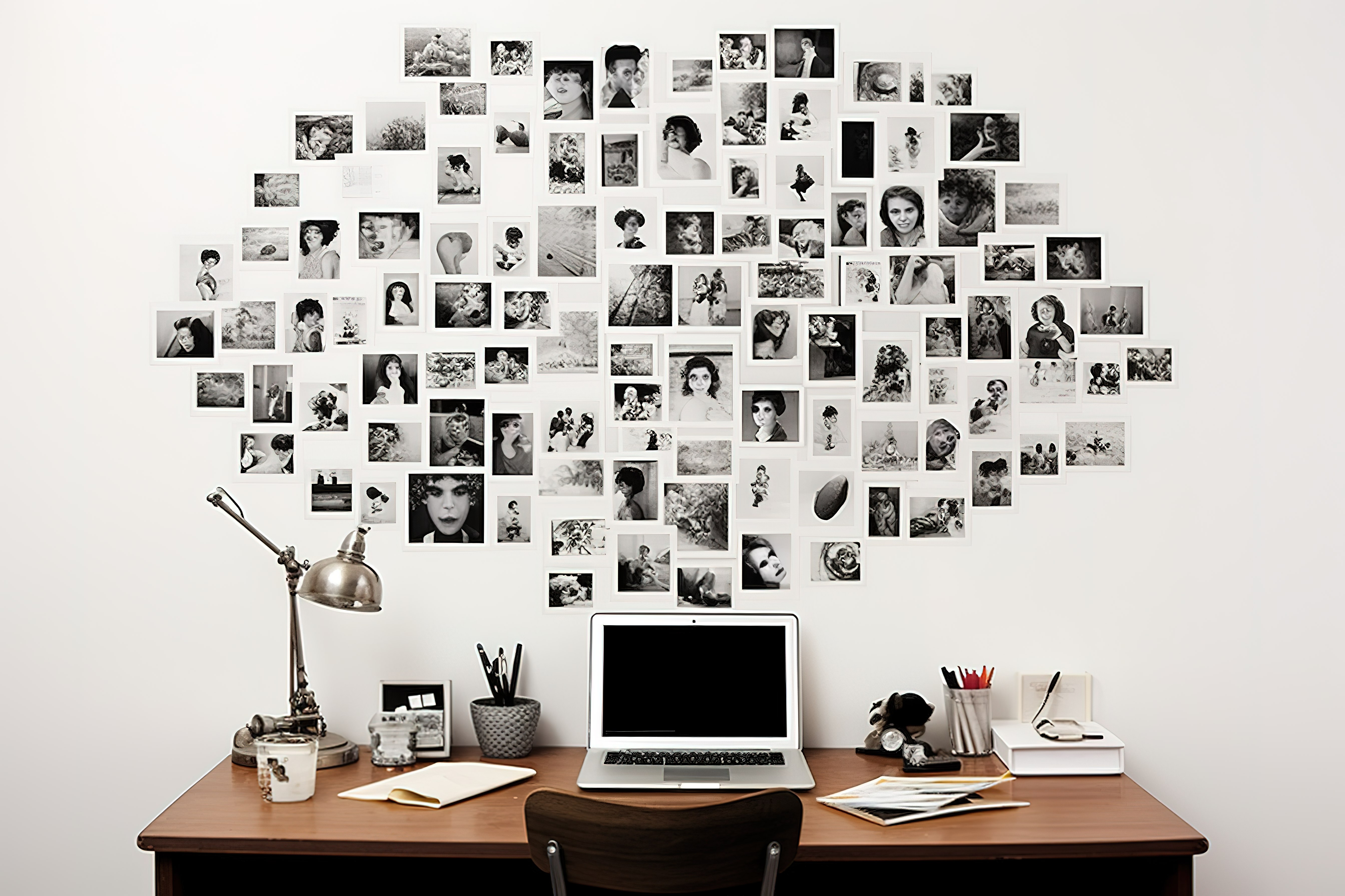 家庭办公室办公桌上的照片墙装饰图片