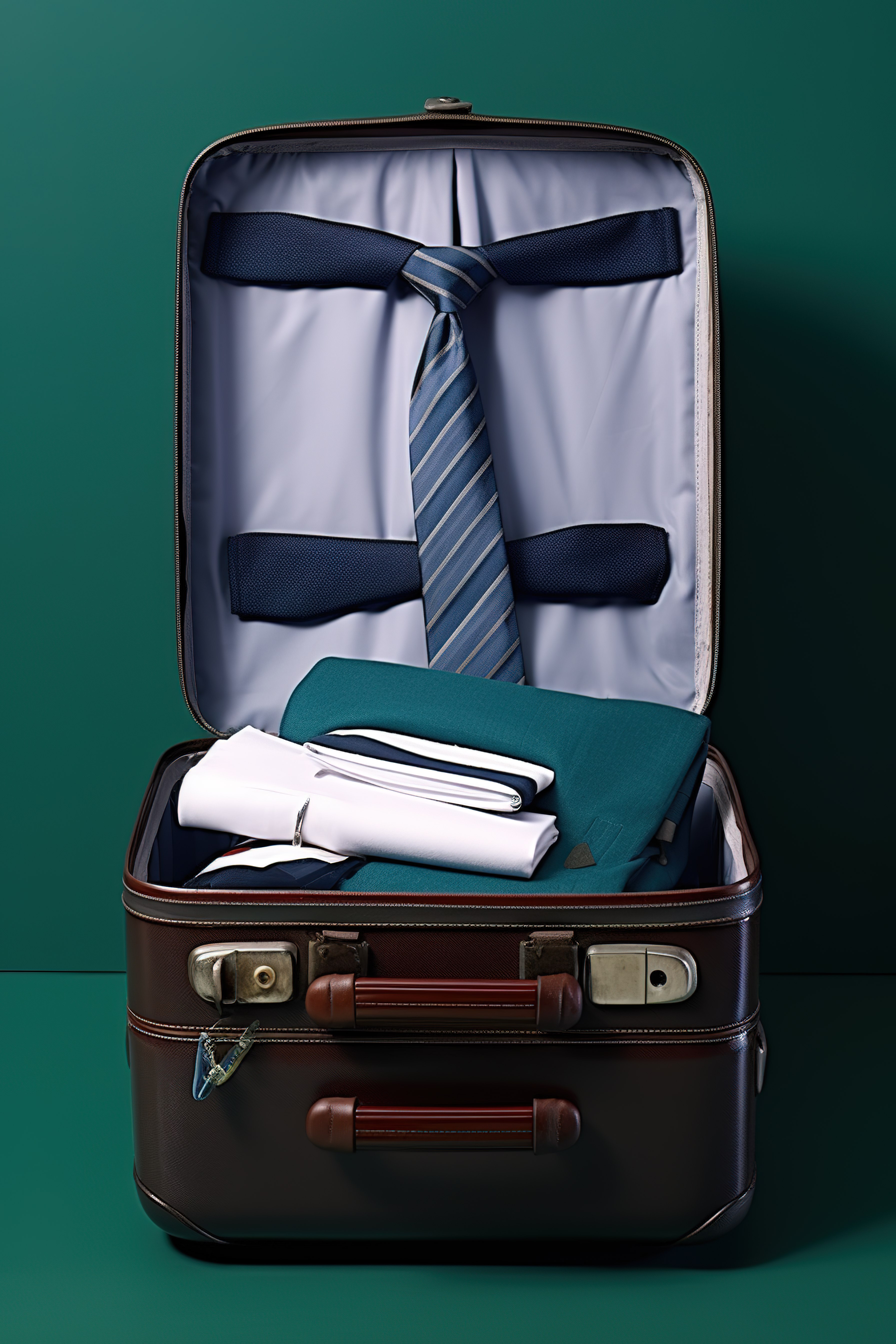 一个旅行箱，里面有三条领带和一条领带图片