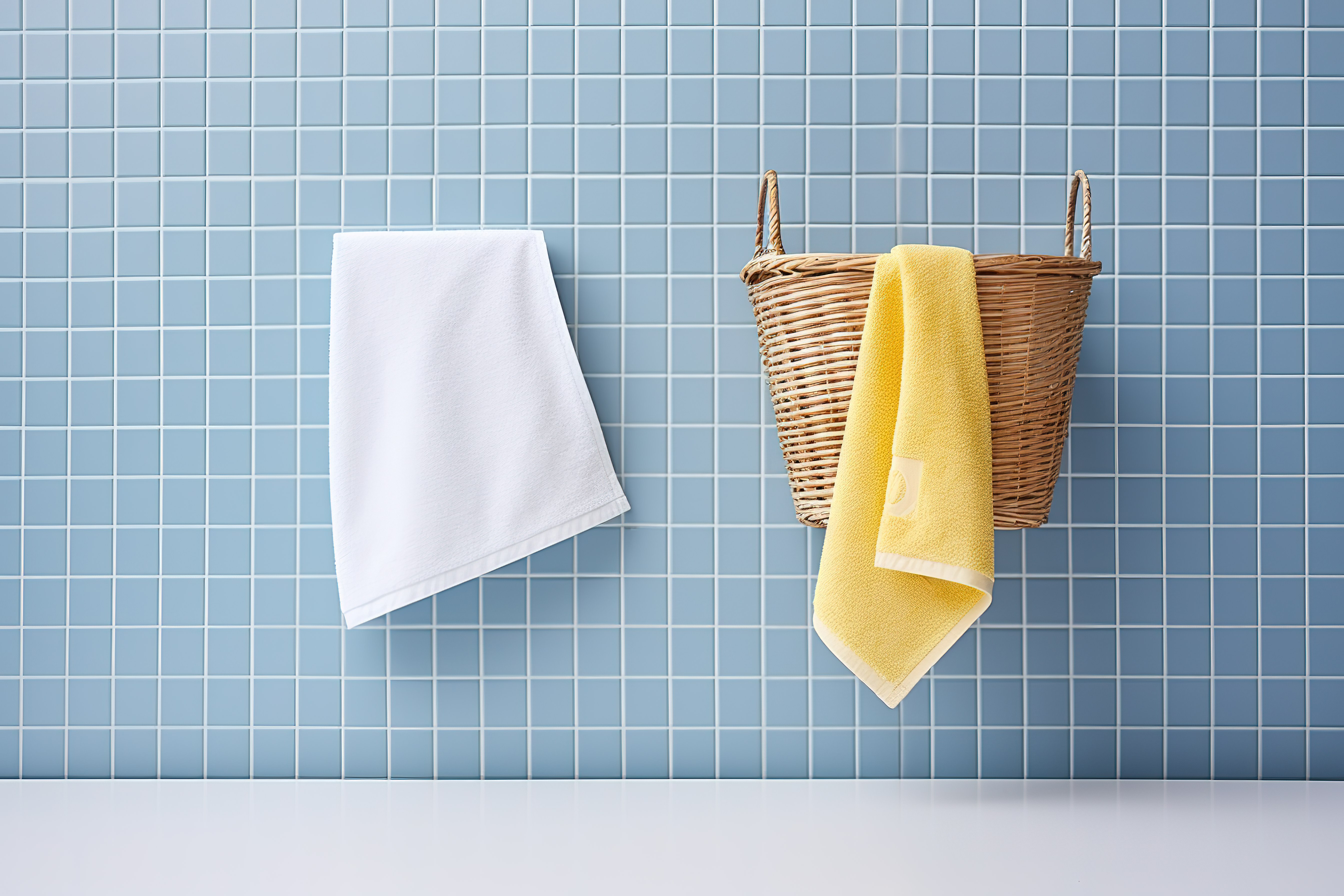 蓝色瓷砖上挂着的毛巾毛巾上的三块不同的毛巾图片