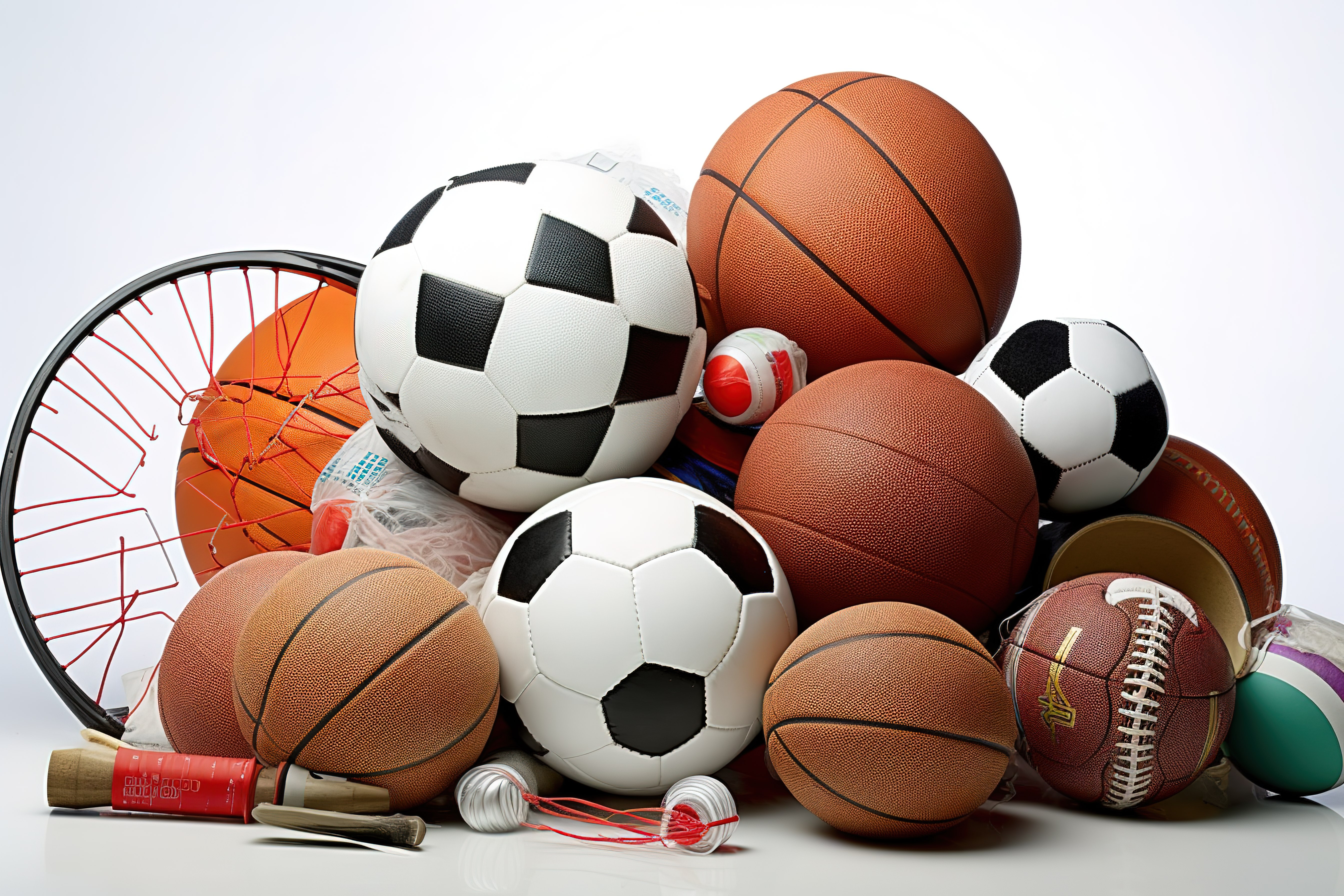 其他体育用品和球位于白色表面上图片