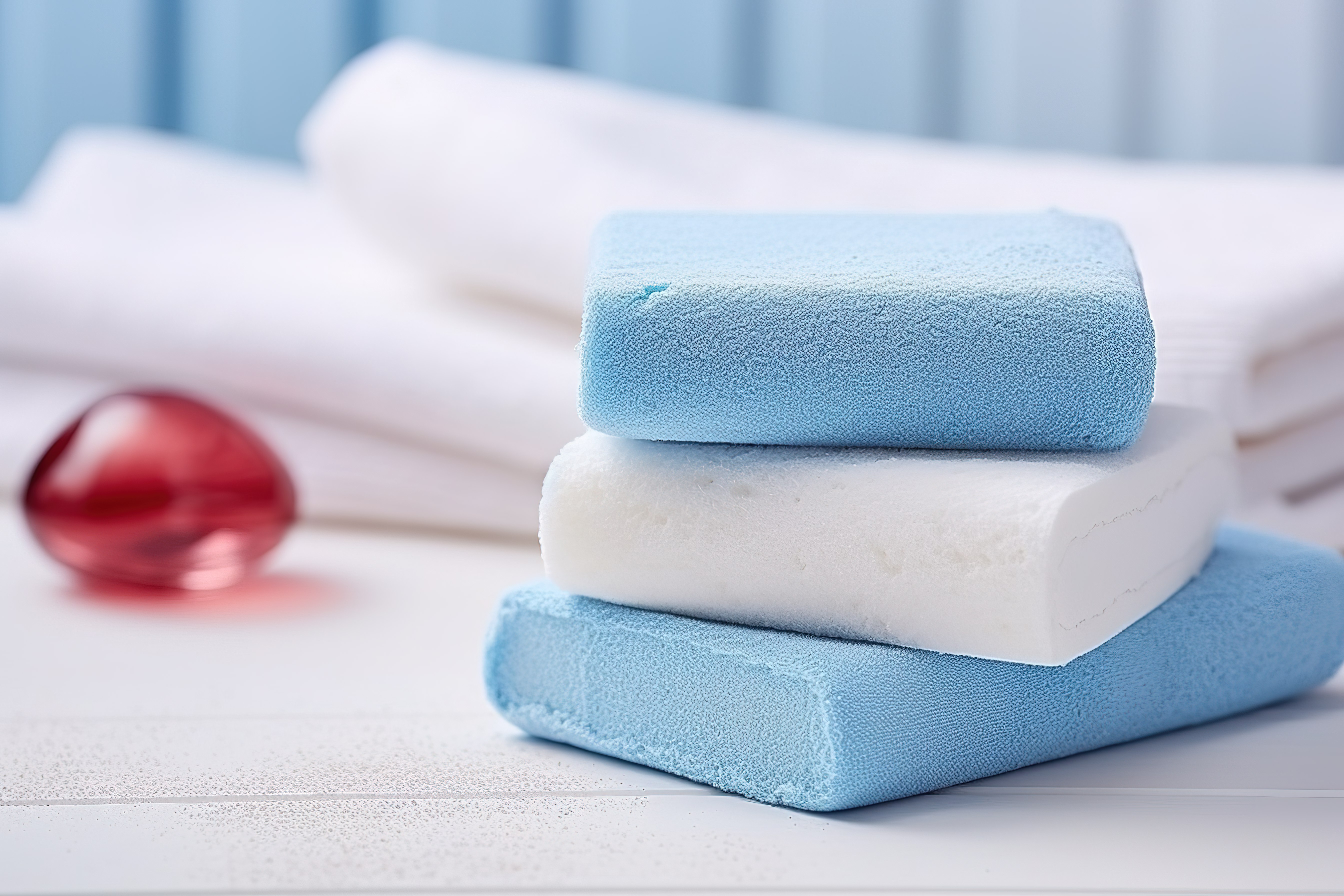 白毛巾和海绵，上面有蓝色肥皂图片