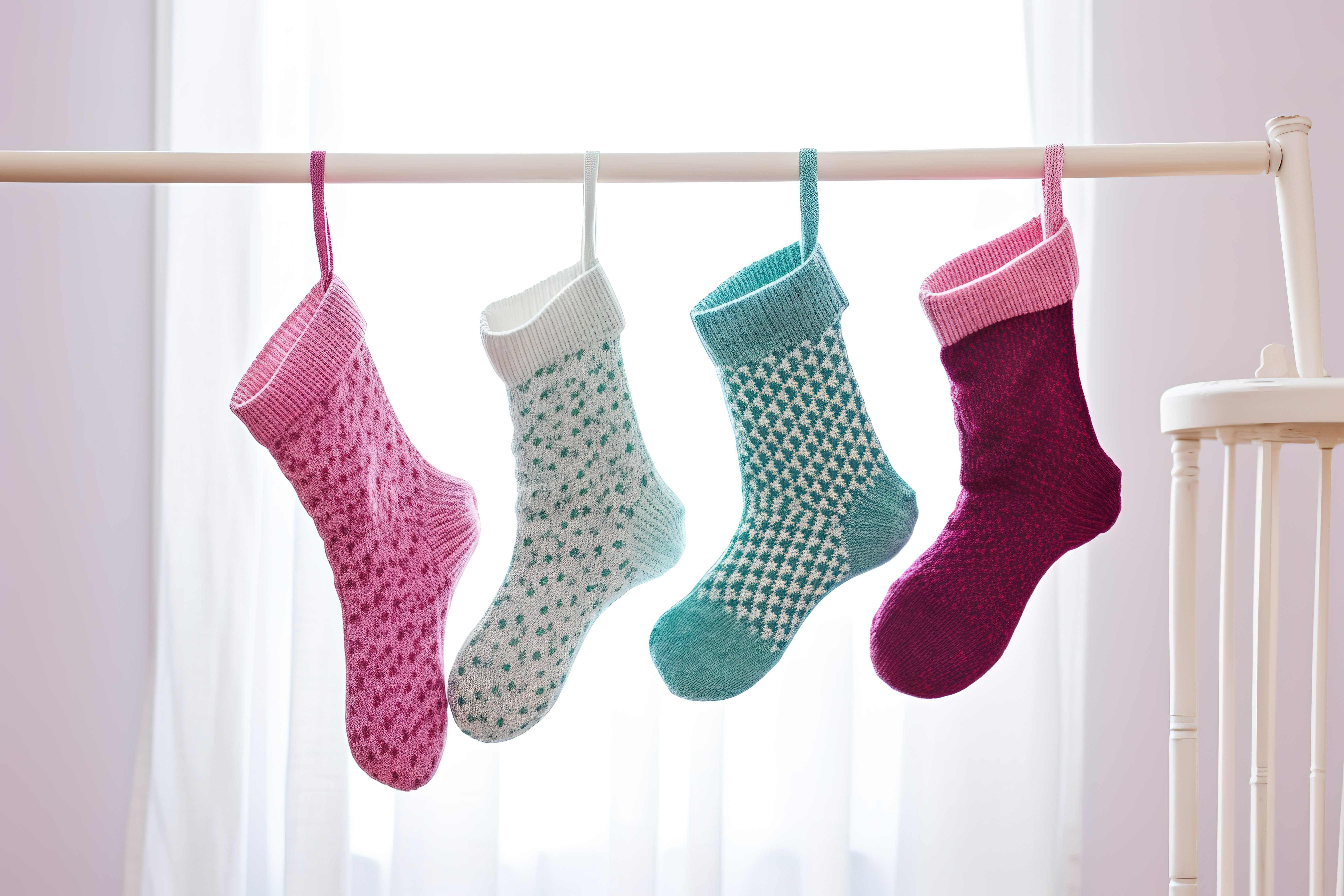 三种类型的袜子挂在白色床上方的线上图片