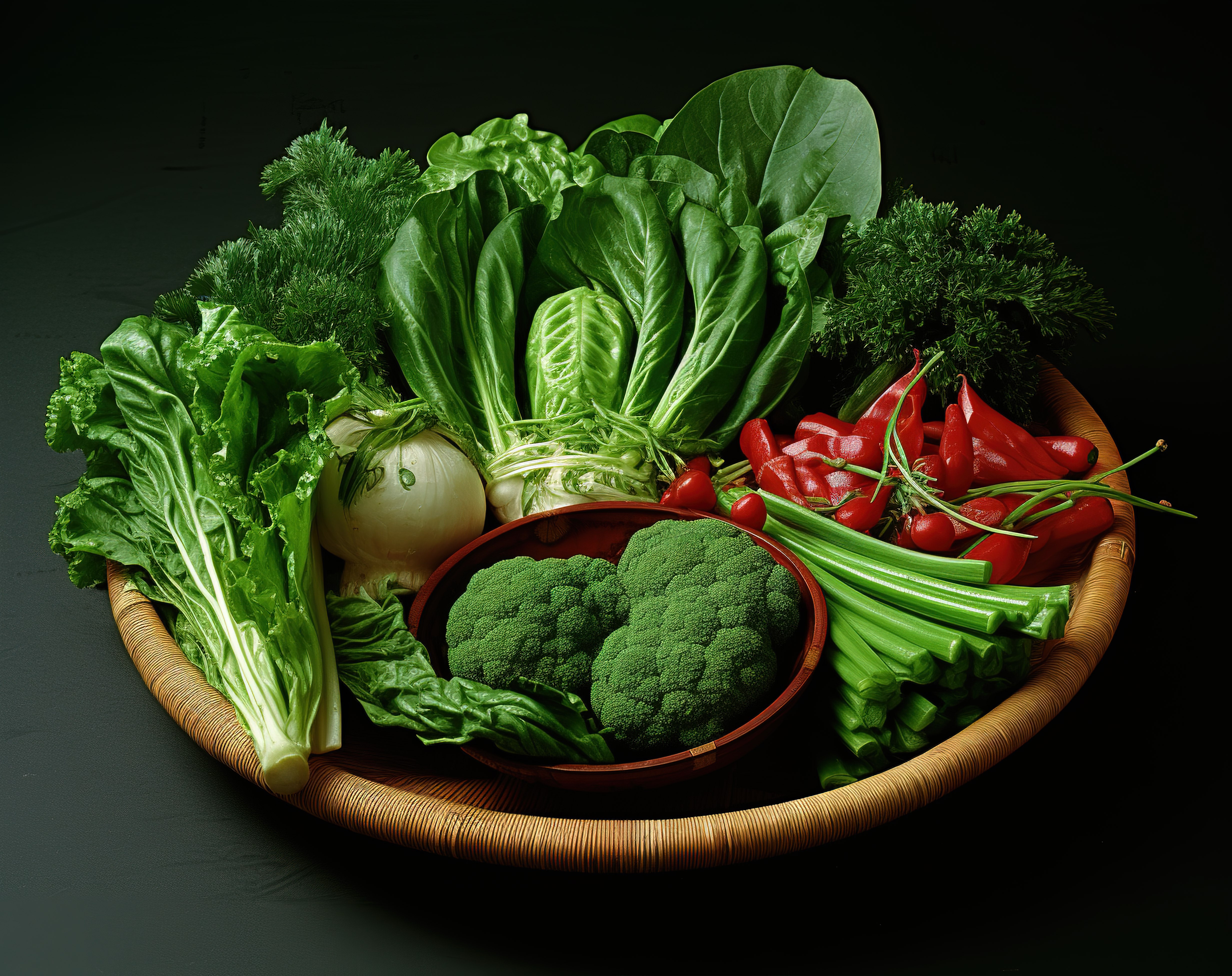 一个装满绿色蔬菜酱和香草的藤碗图片