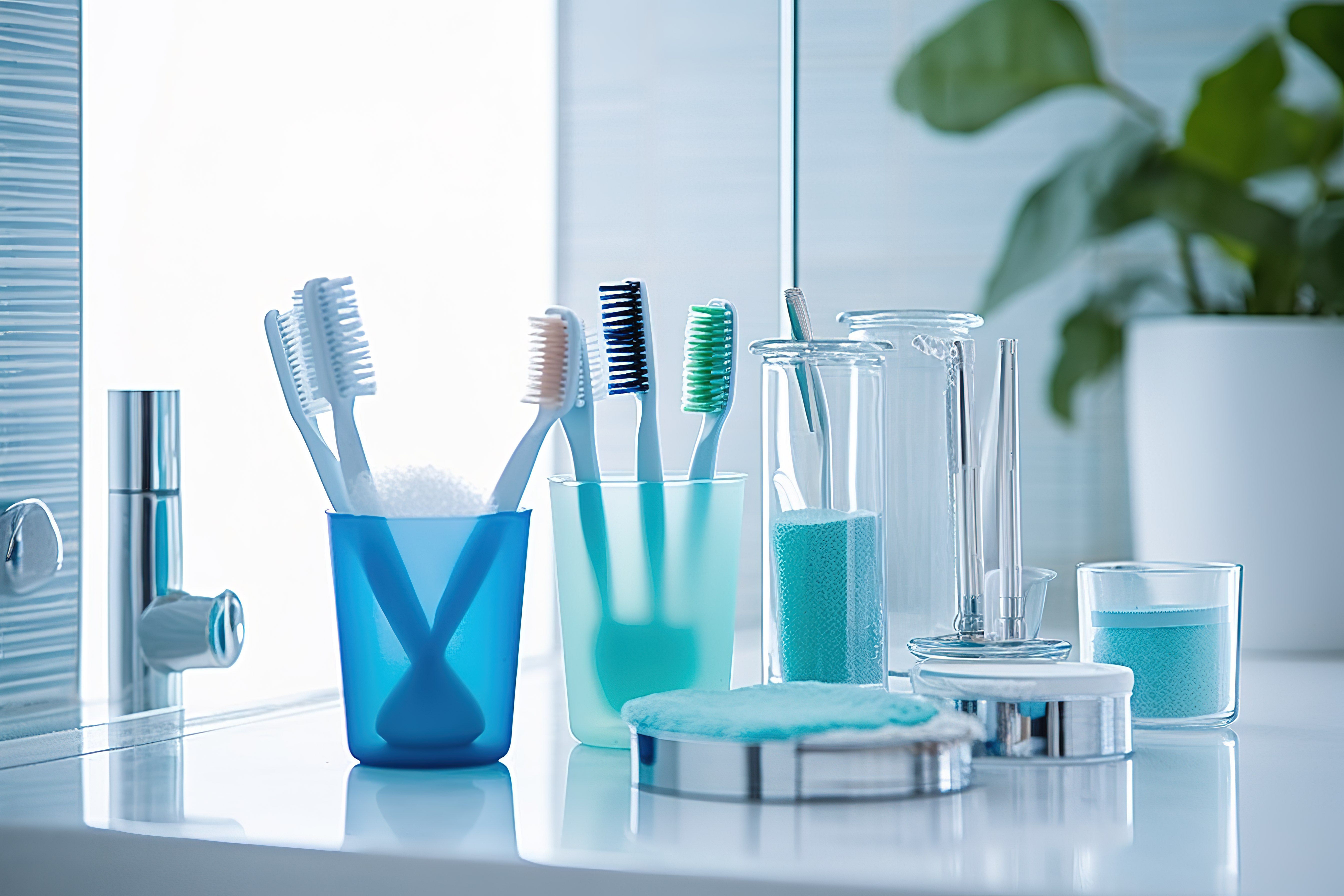 有蓝色刷子和牙膏的浴室柜台上有牙刷图片