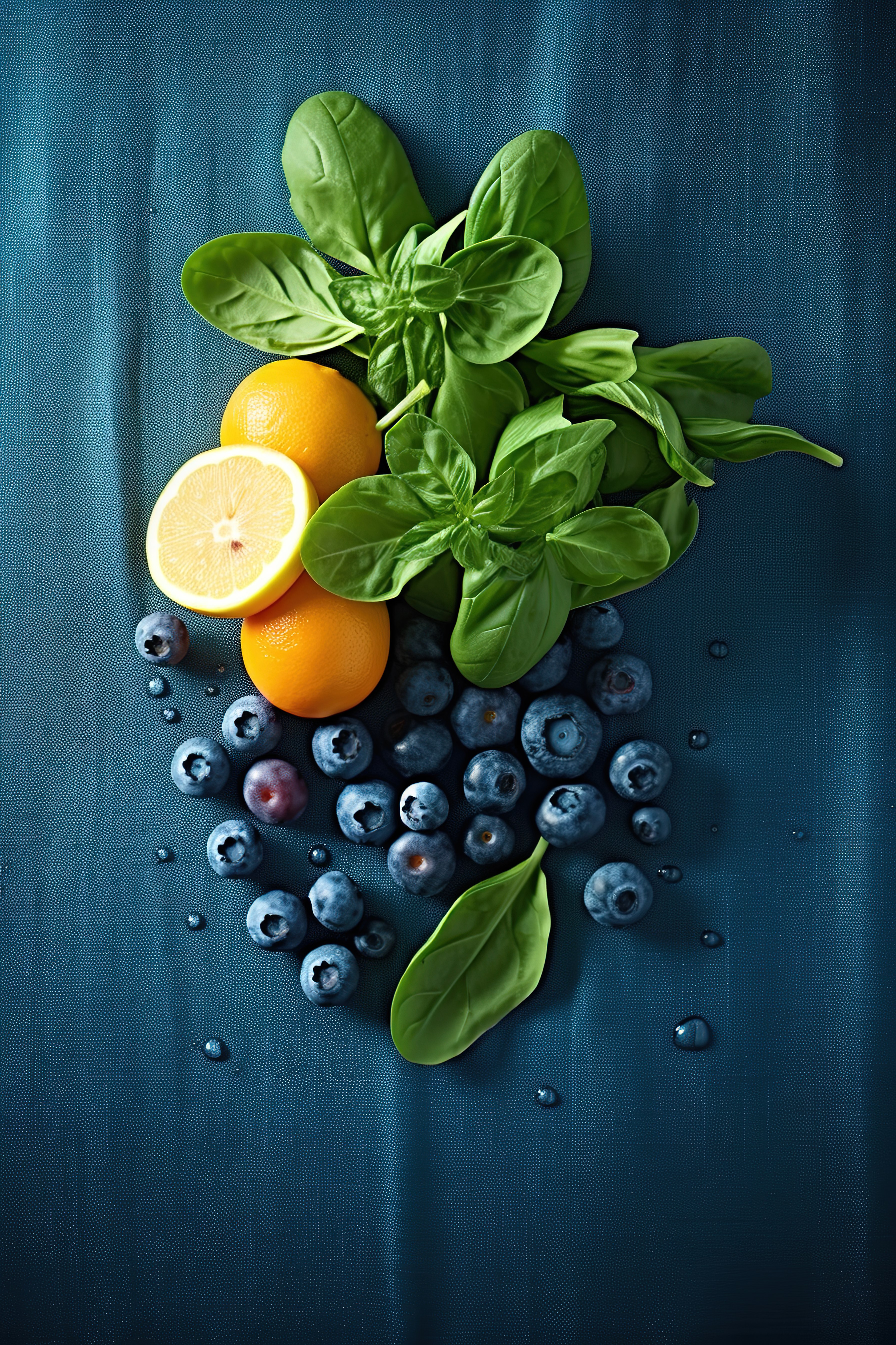 蓝色表面上的蓝莓和菠菜图片