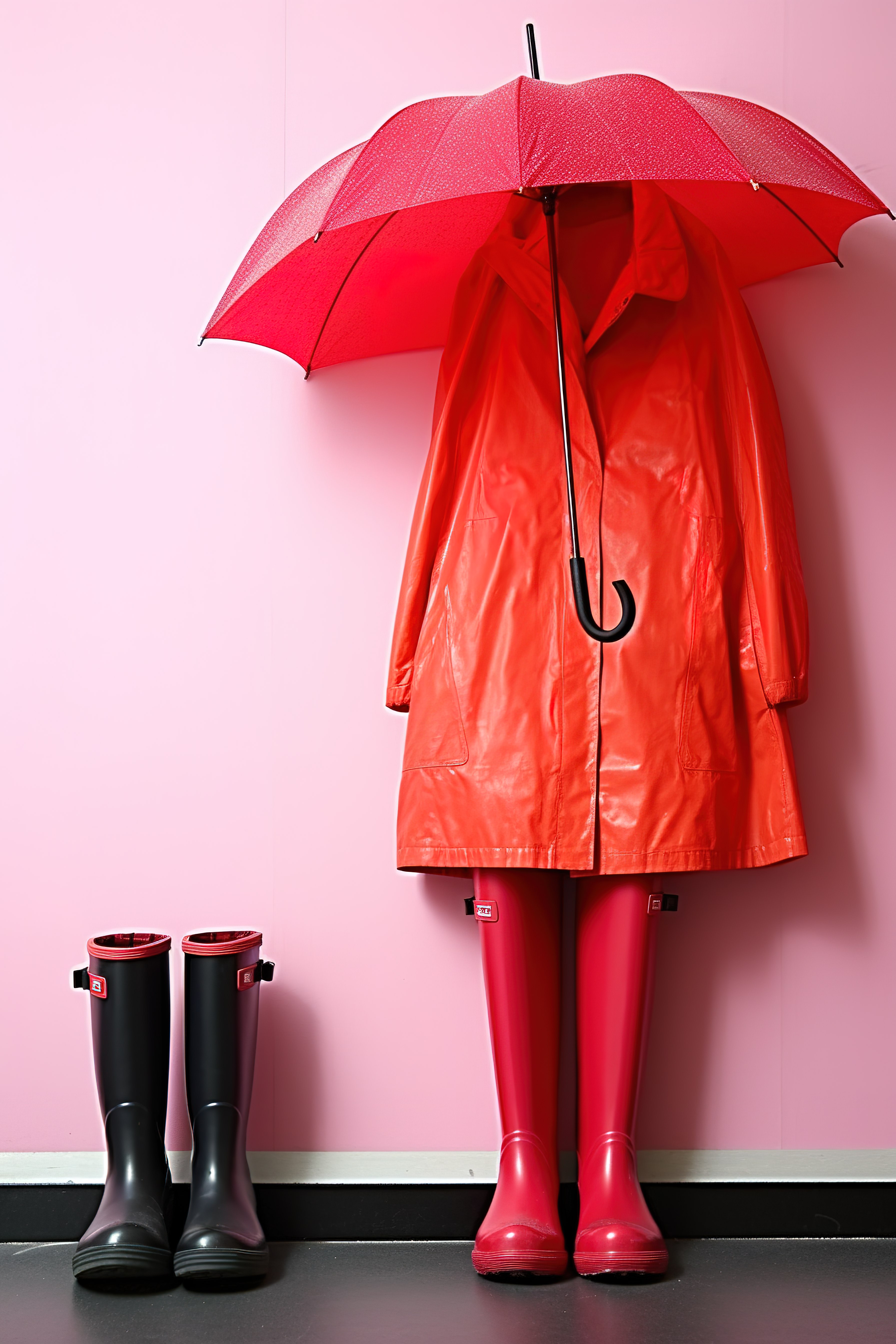 一把黑色的雨伞一件红色的雨衣和靠墙的红色靴子图片