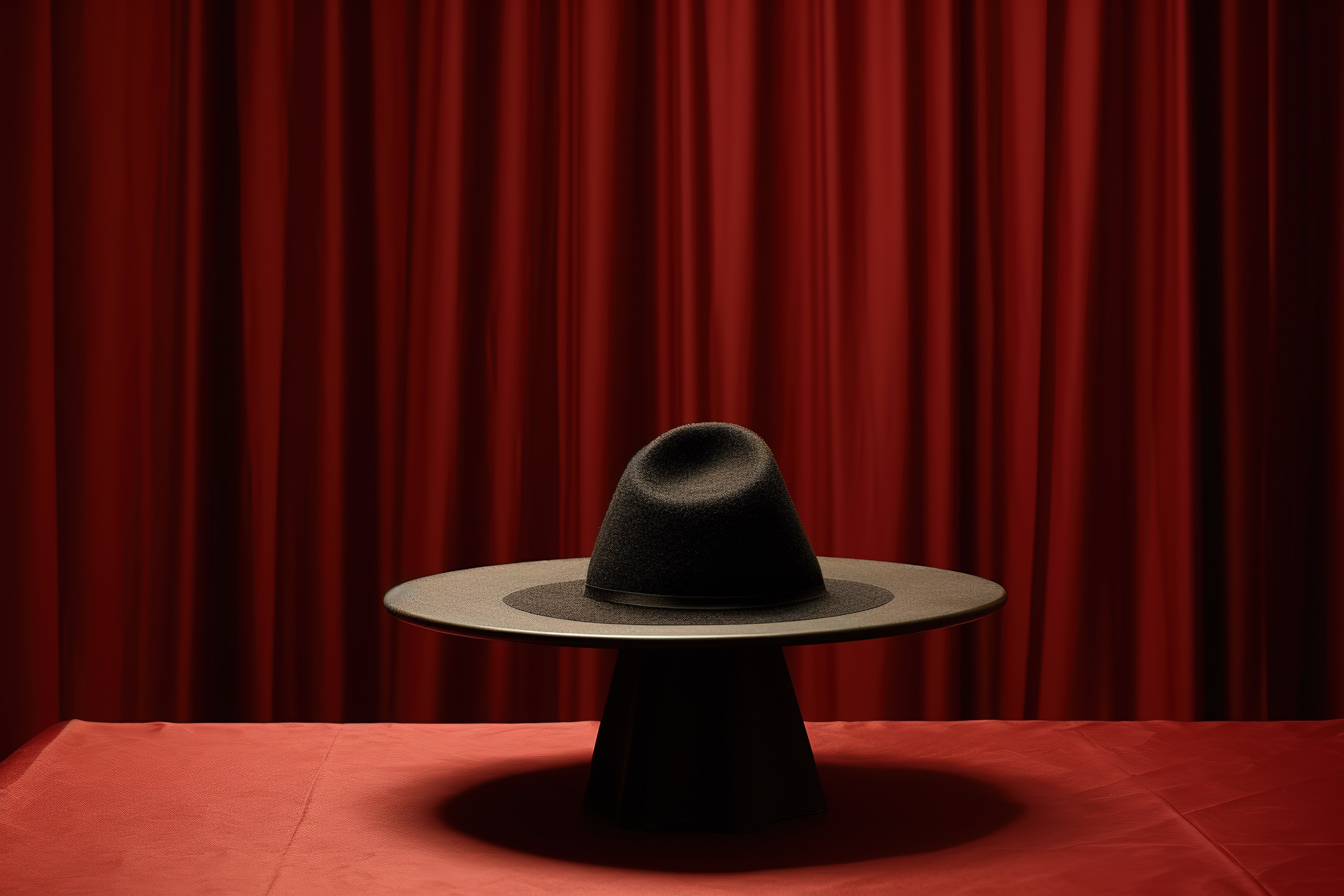 桌子上放着一顶魔术师的帽子，桌子上有红色条纹的窗帘图片