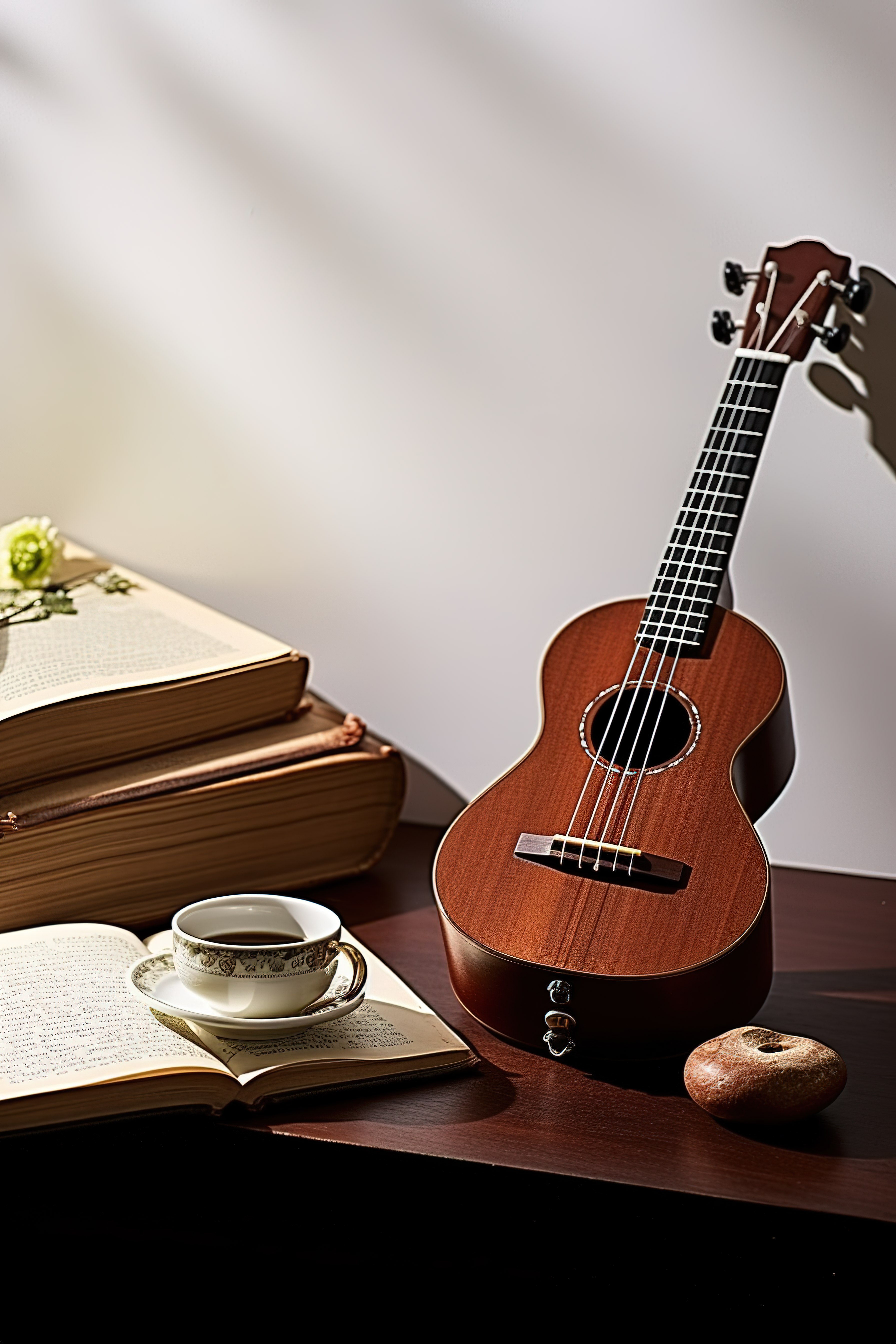 一本书和咖啡旁边的古董乐器图片