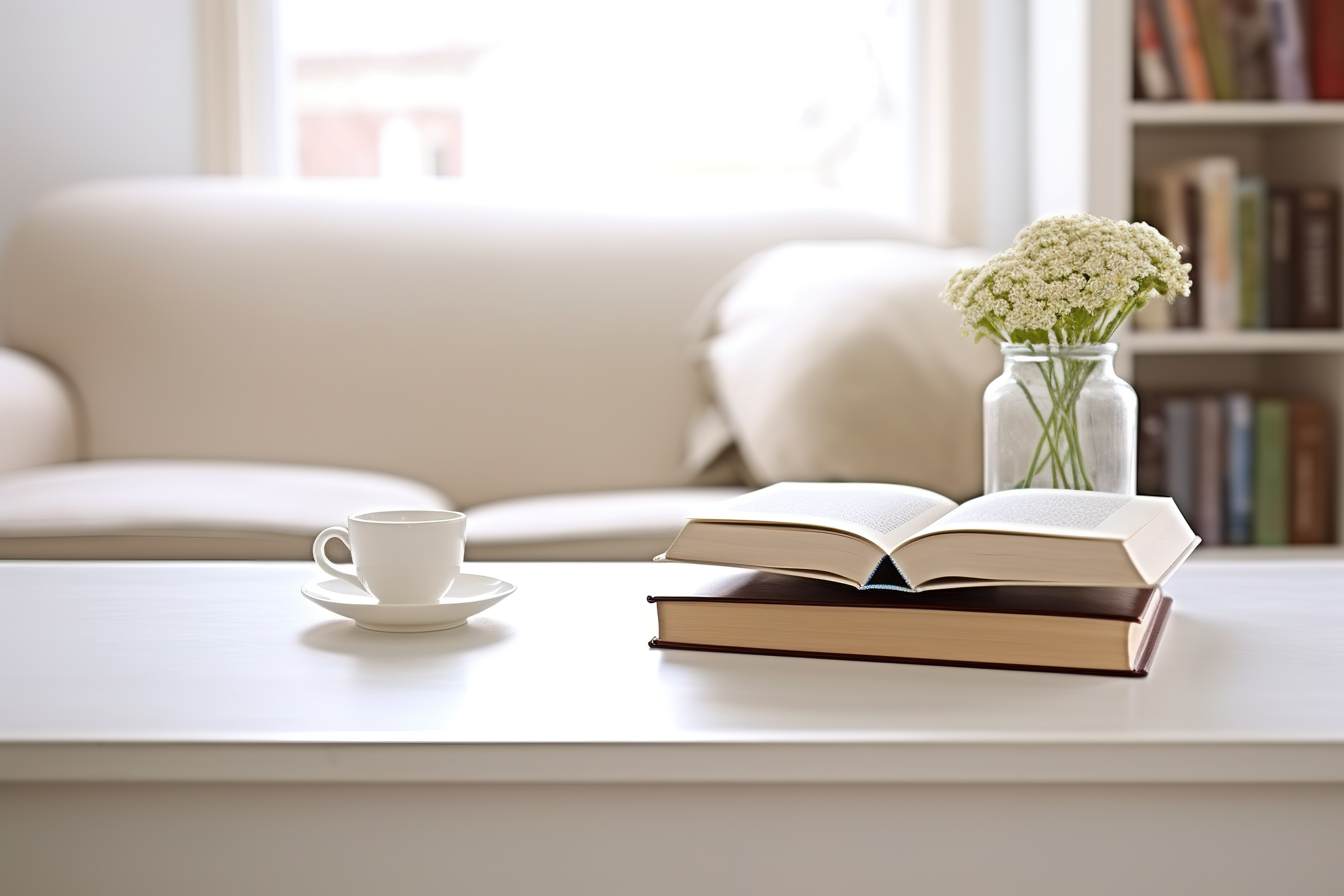 一张白色的桌子，上面有打开的书咖啡和咖啡杯图片