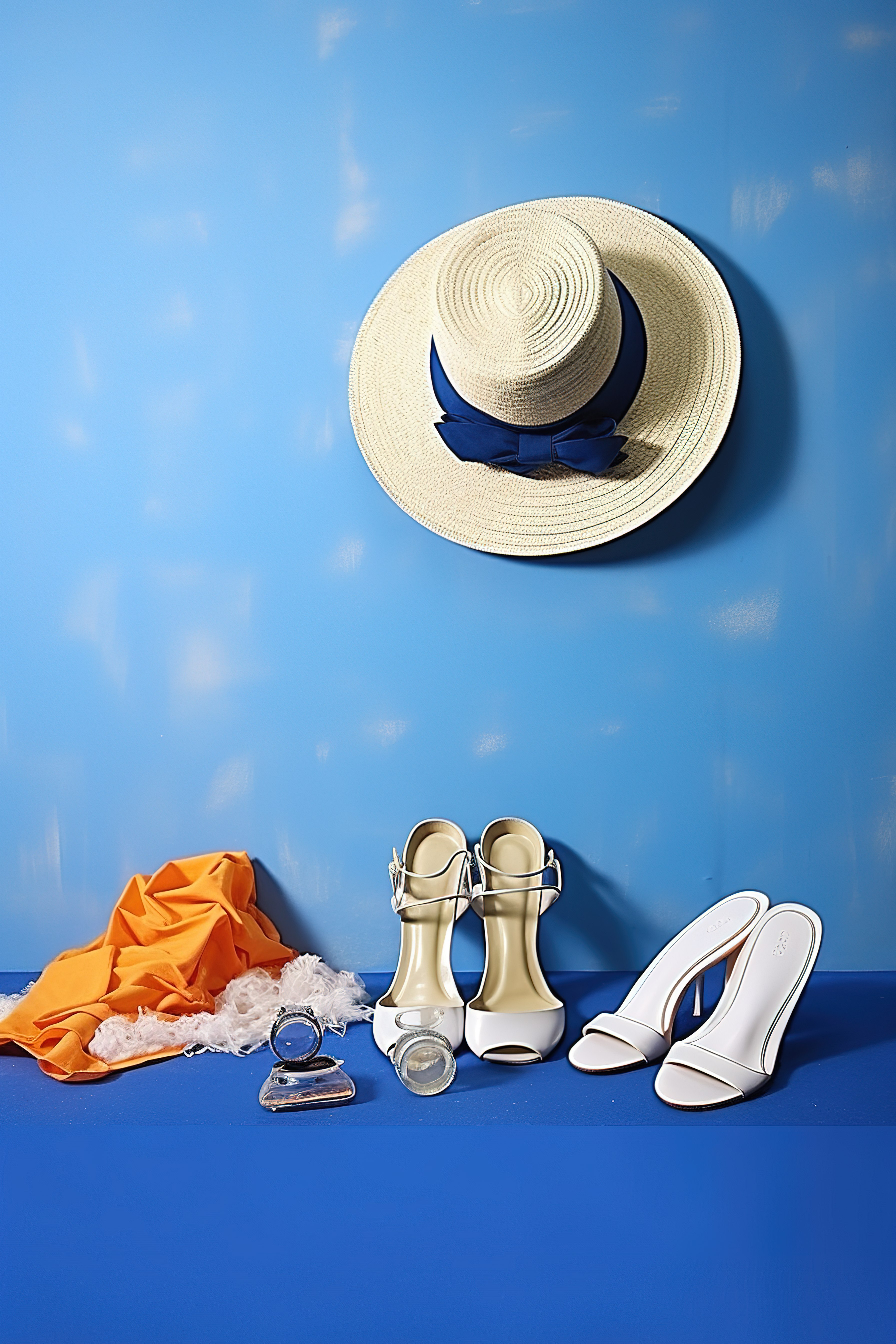 白帽太阳镜人字拖和蓝墙附近的科隆香水图片