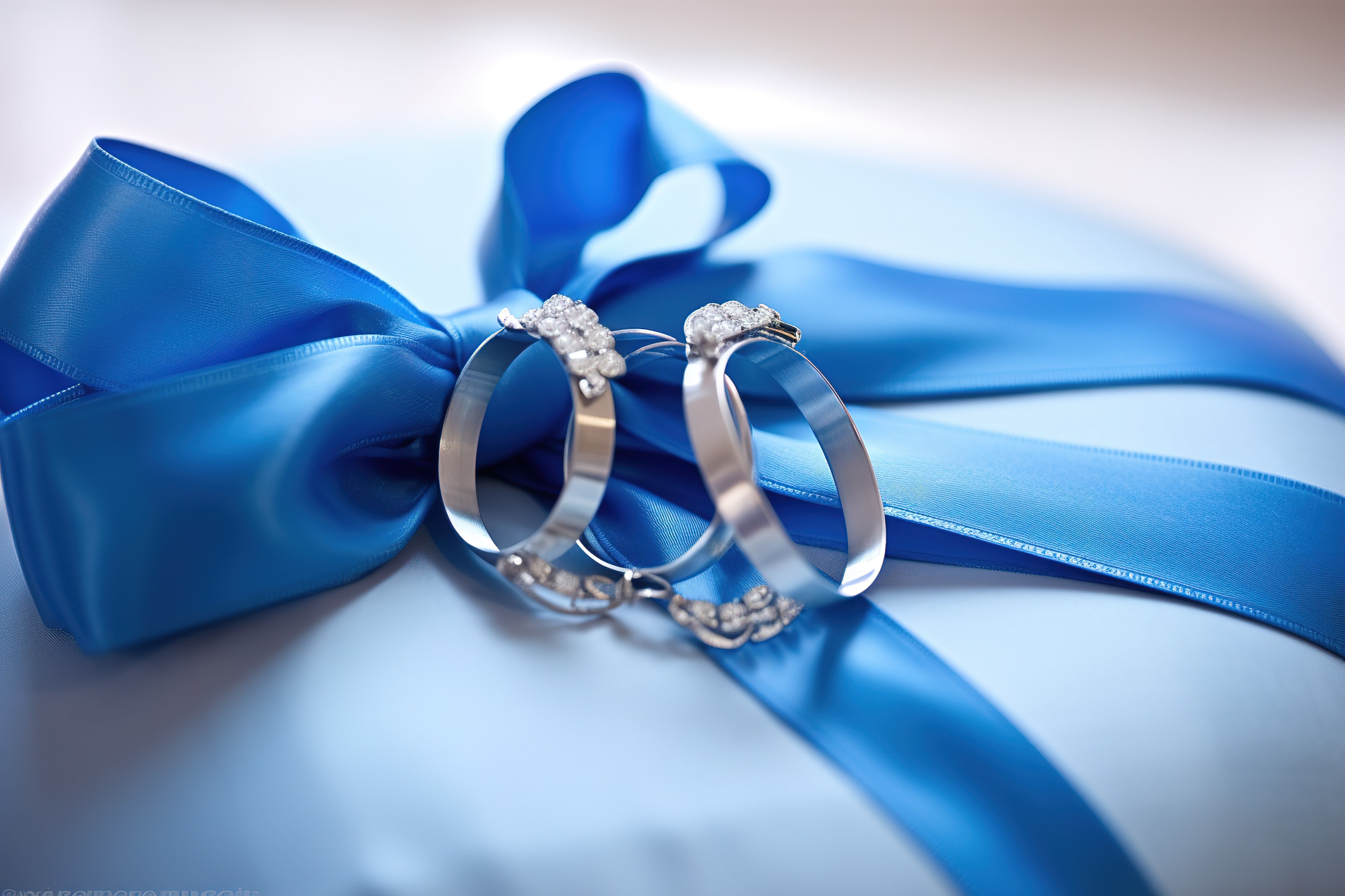 蓝色婚礼丝带，枕头上有戒指图片