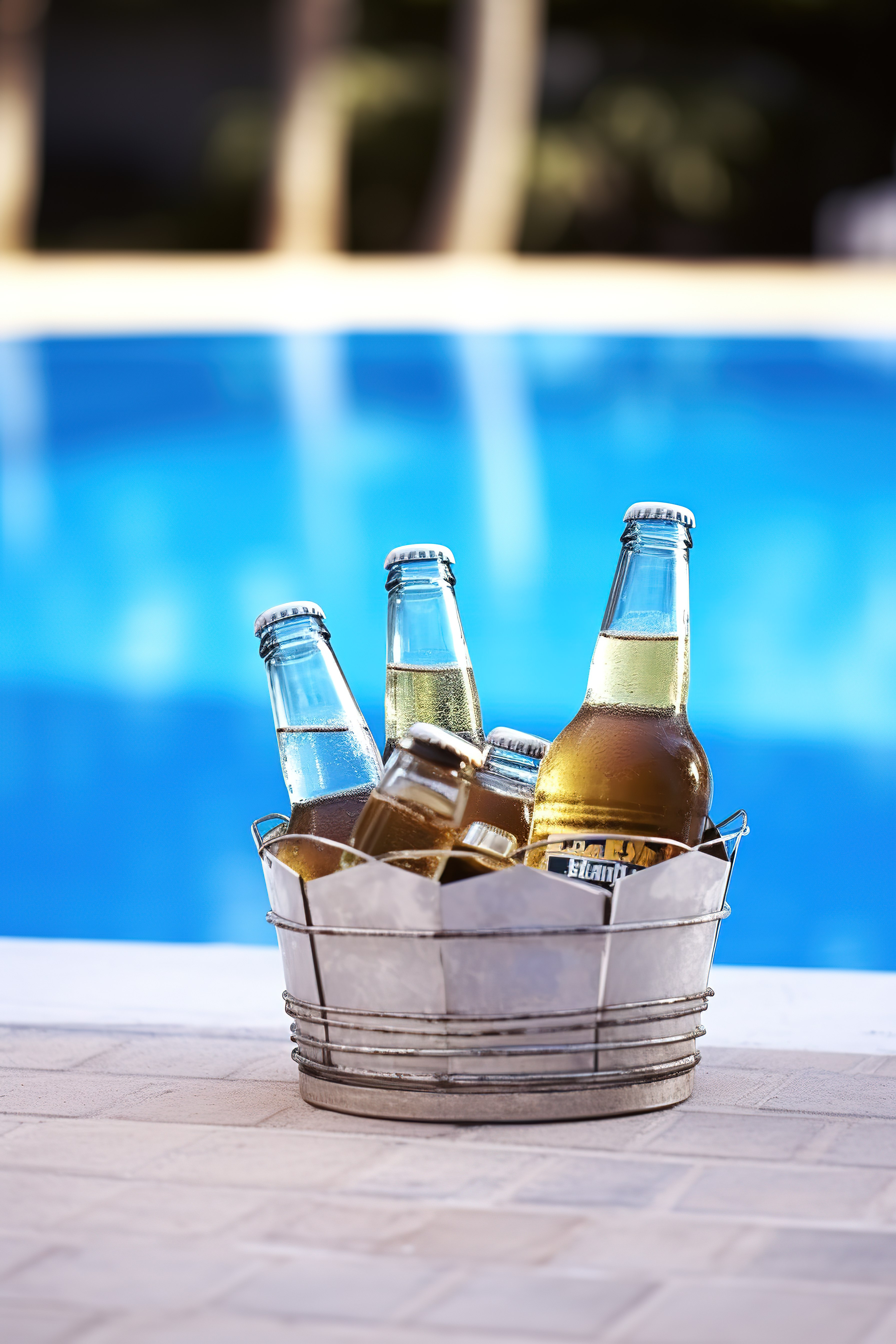 泳池外冰桶里放着两个带吸管的啤酒瓶图片