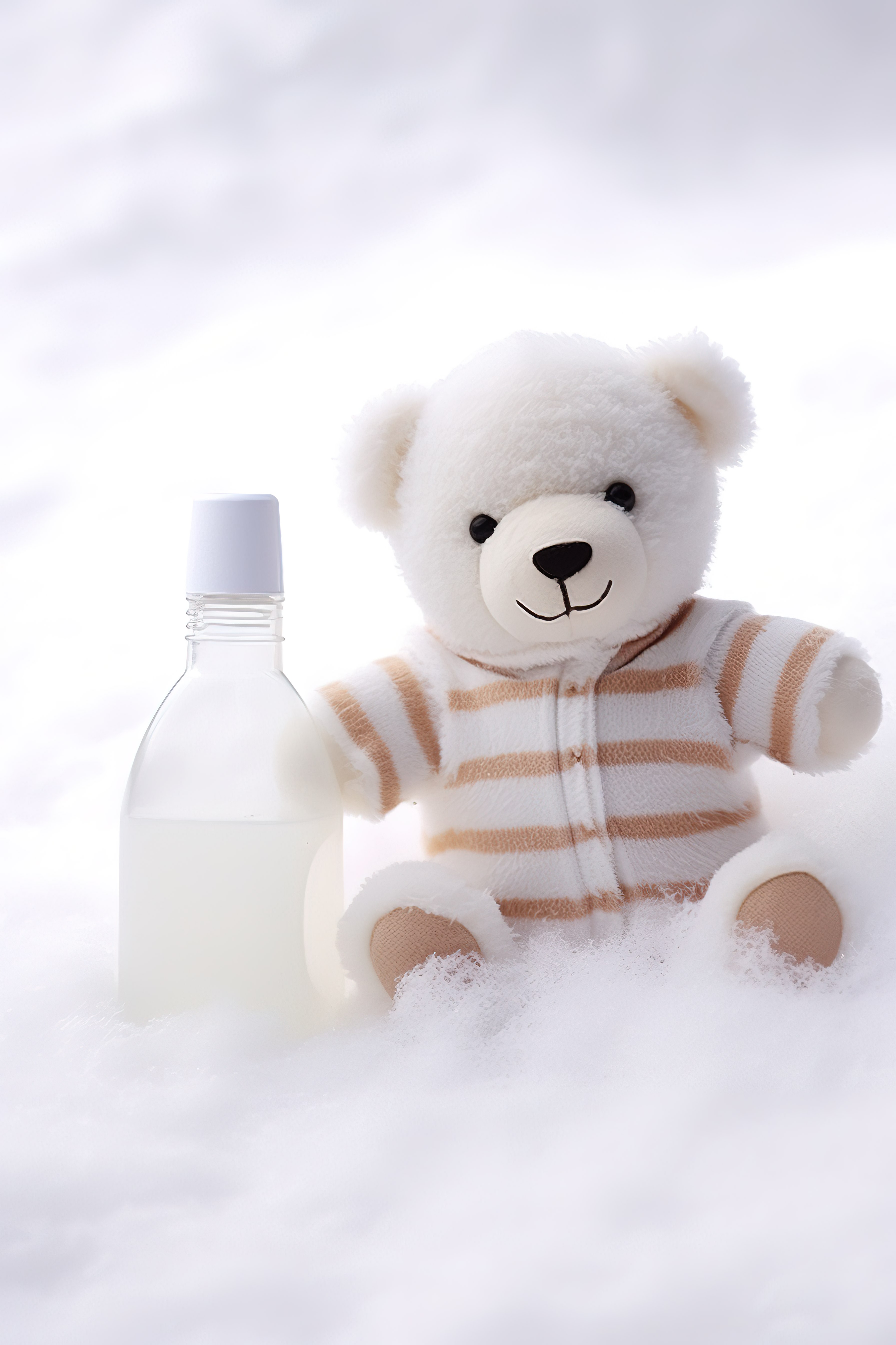 2 只白色泰迪熊宝宝，带瓶子，雪地里有熊宝宝图片