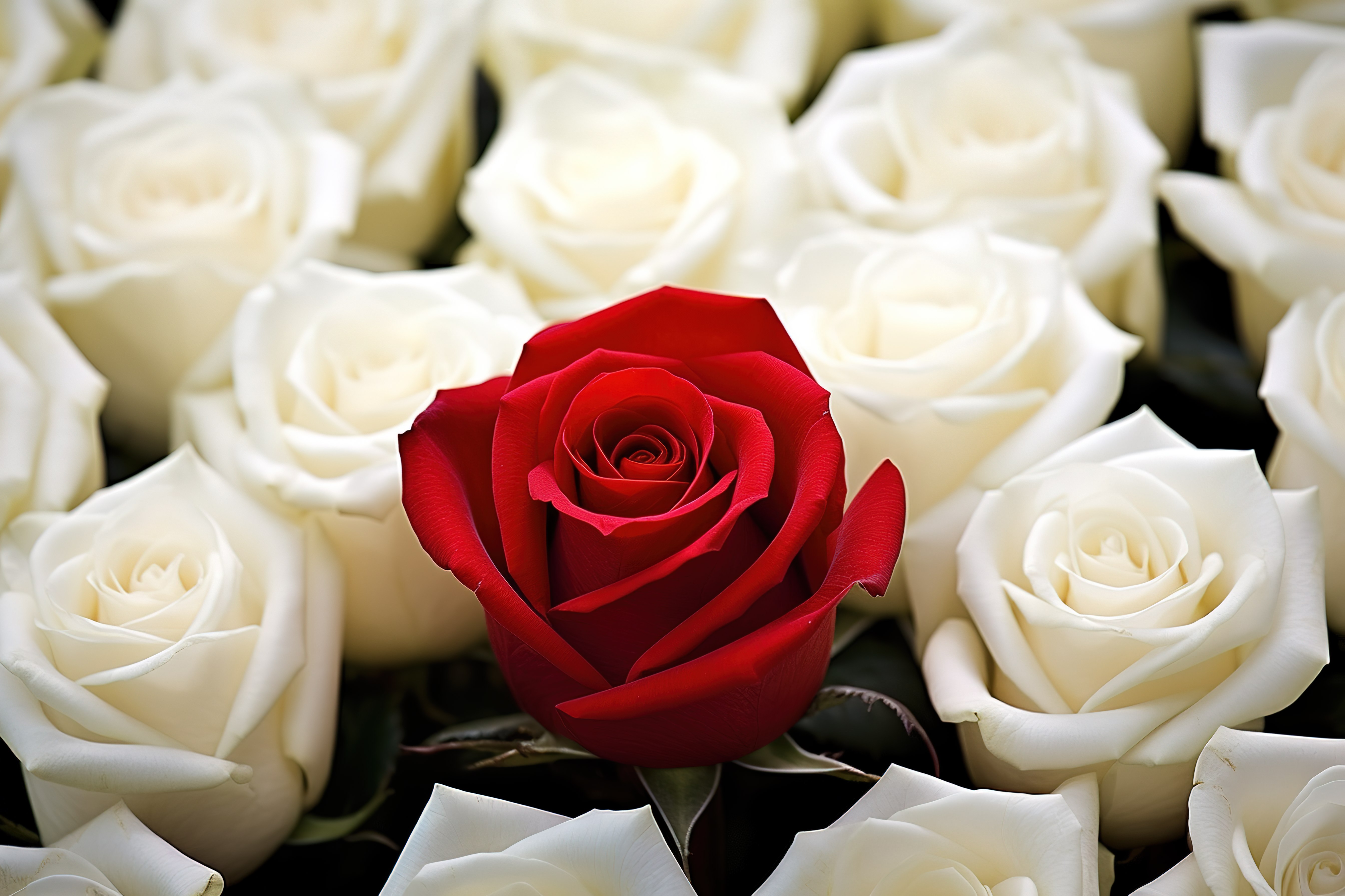 许多白玫瑰，中间有一朵红玫瑰图片