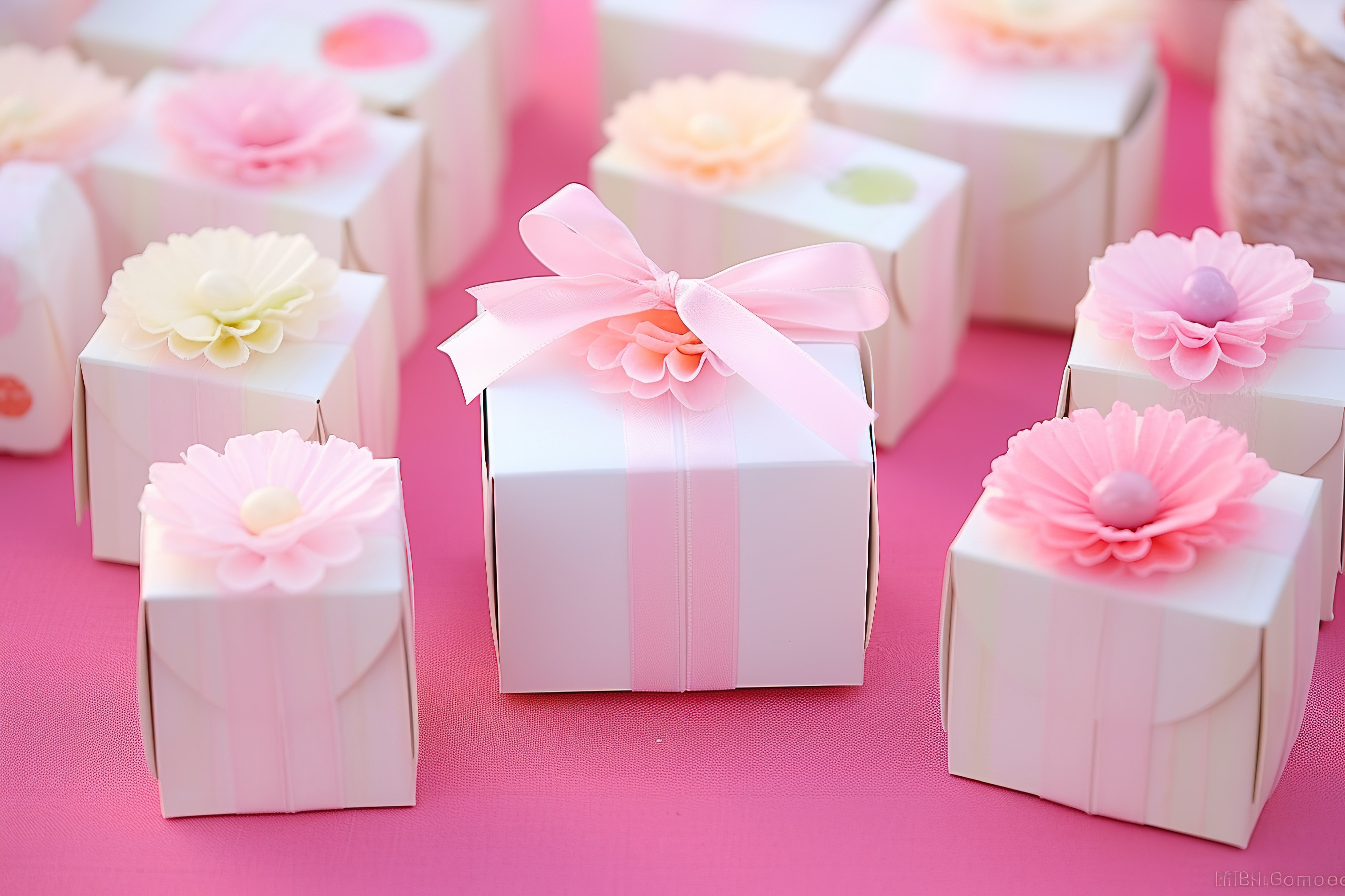 白色的花礼盒旁边是白纸和粉色糖果图片