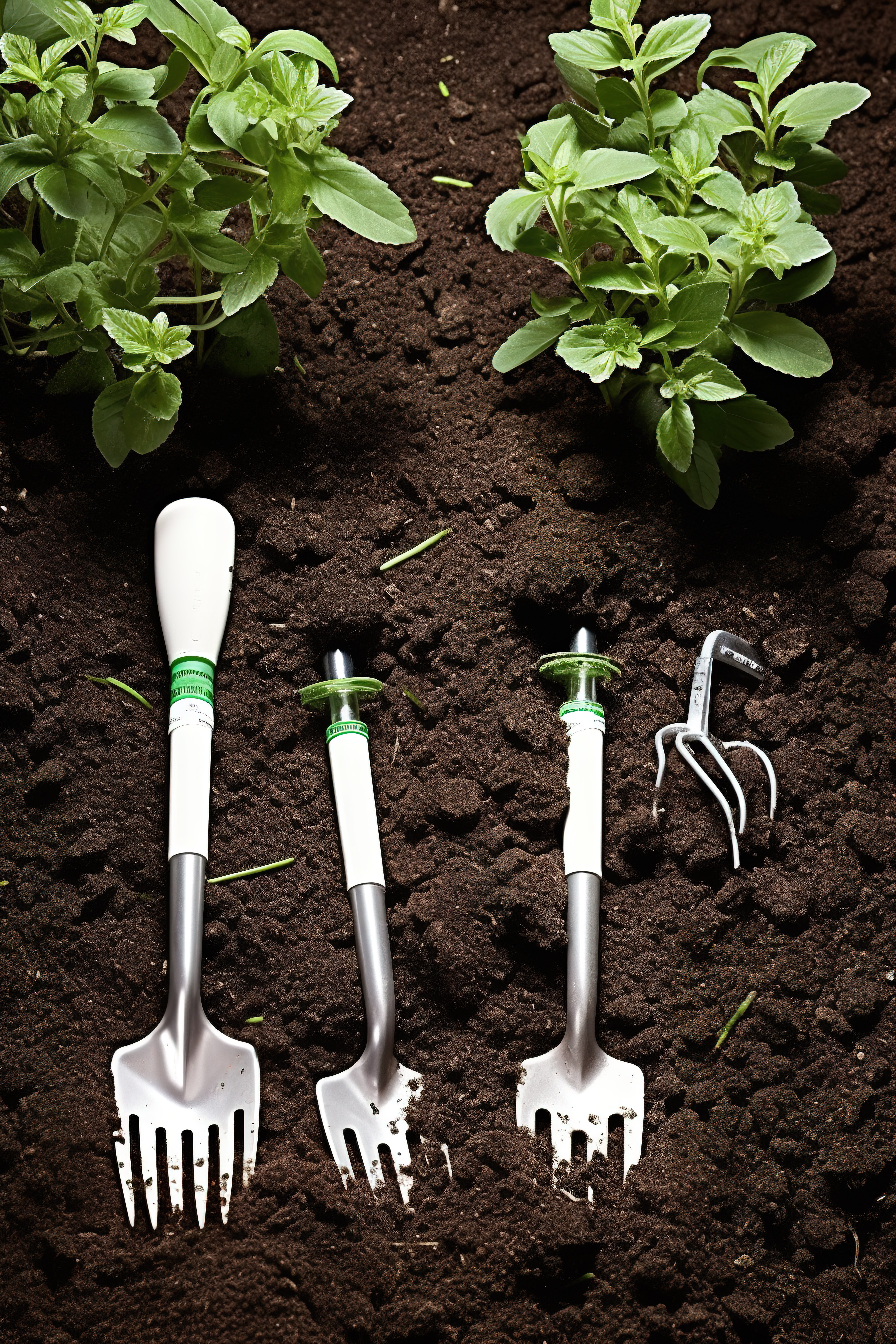 地面种植工具和绿色植物图片