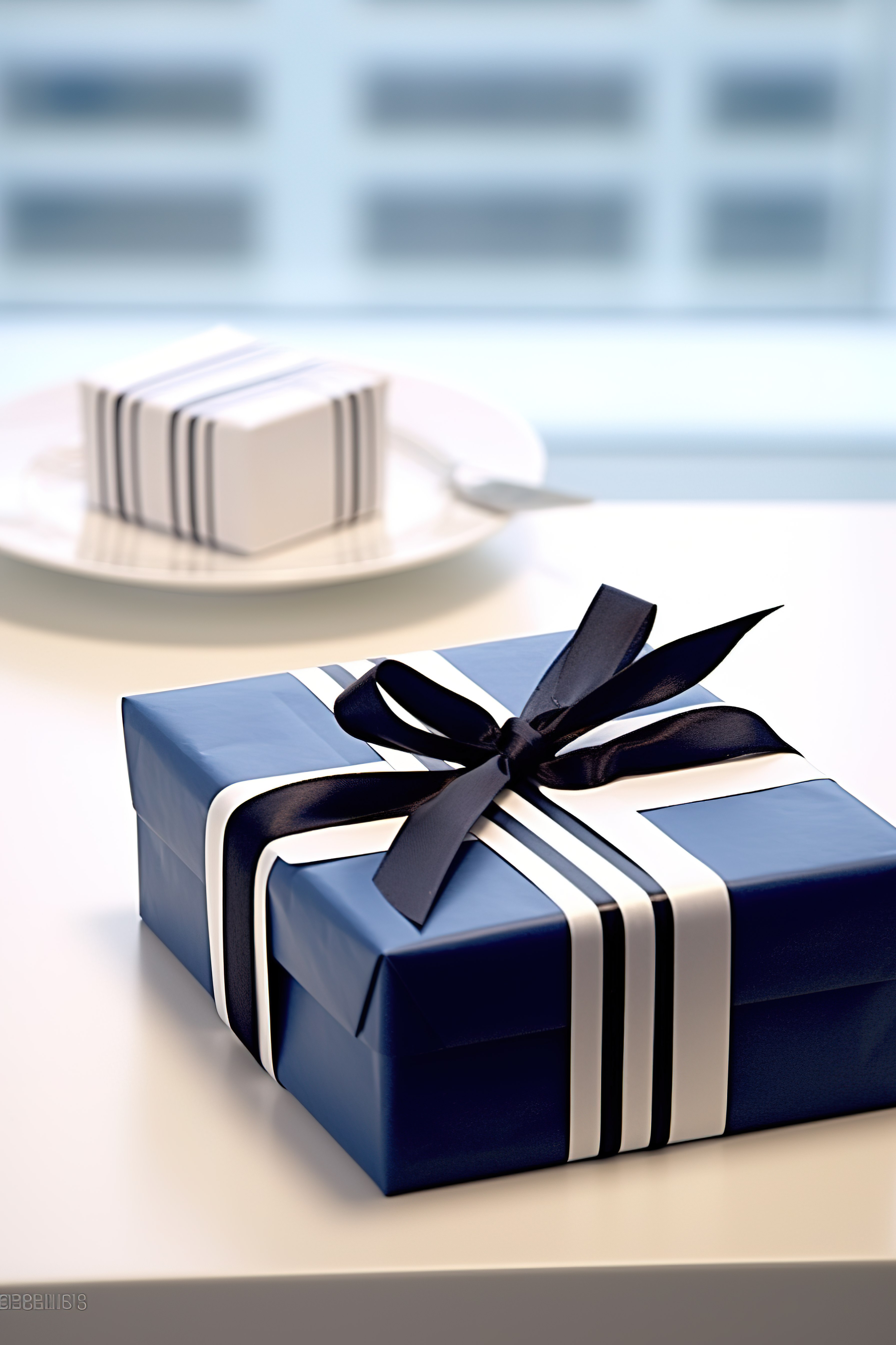 白色条纹桌上带礼品盒的生日贺卡图片