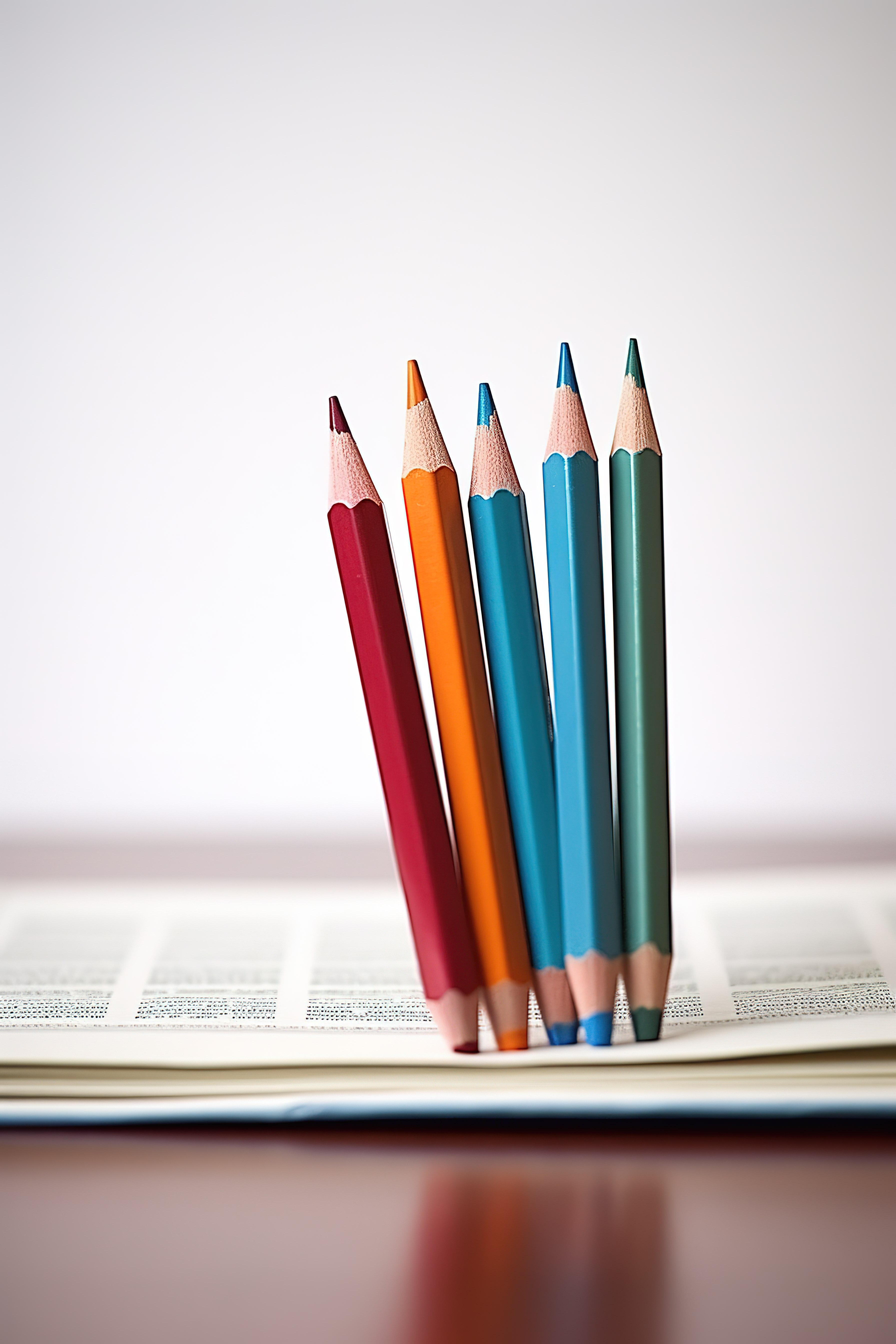 阅读作业时用四支彩色铅笔在英文报纸上图片