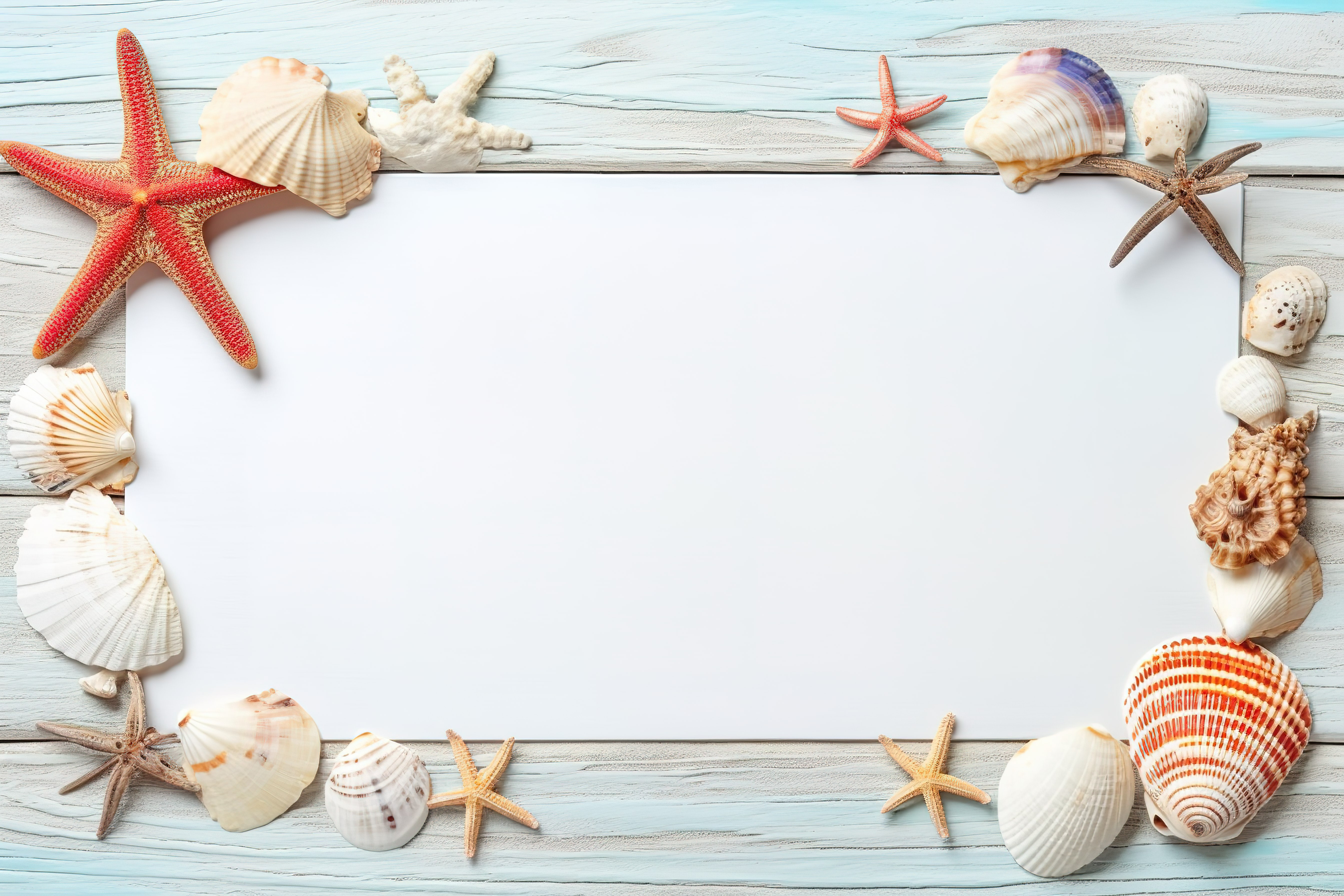 蓝色木质背景中的贝壳和海星框架图片
