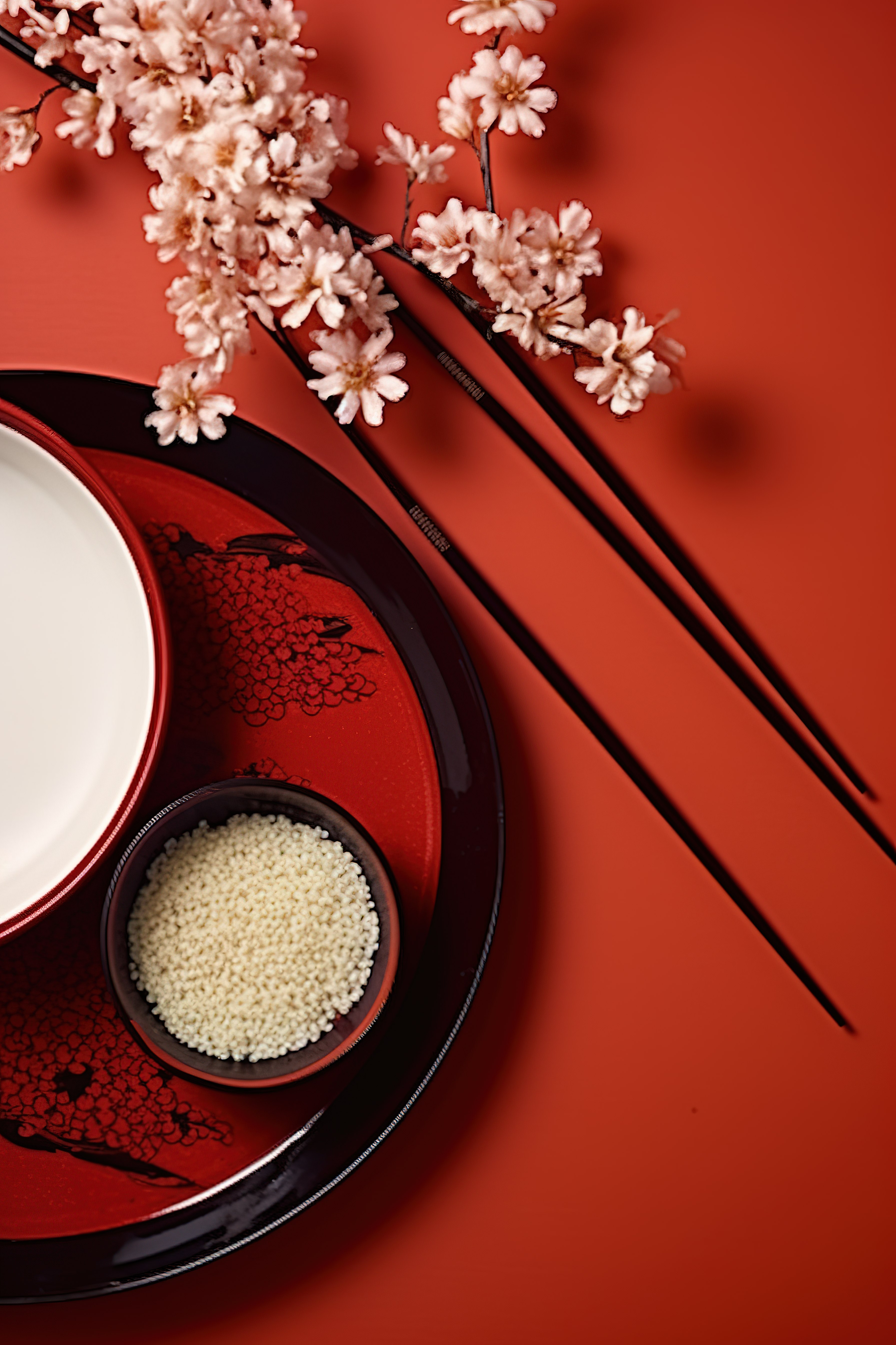 桌子上碗里的筷子和米饭，旁边是印花红色图片