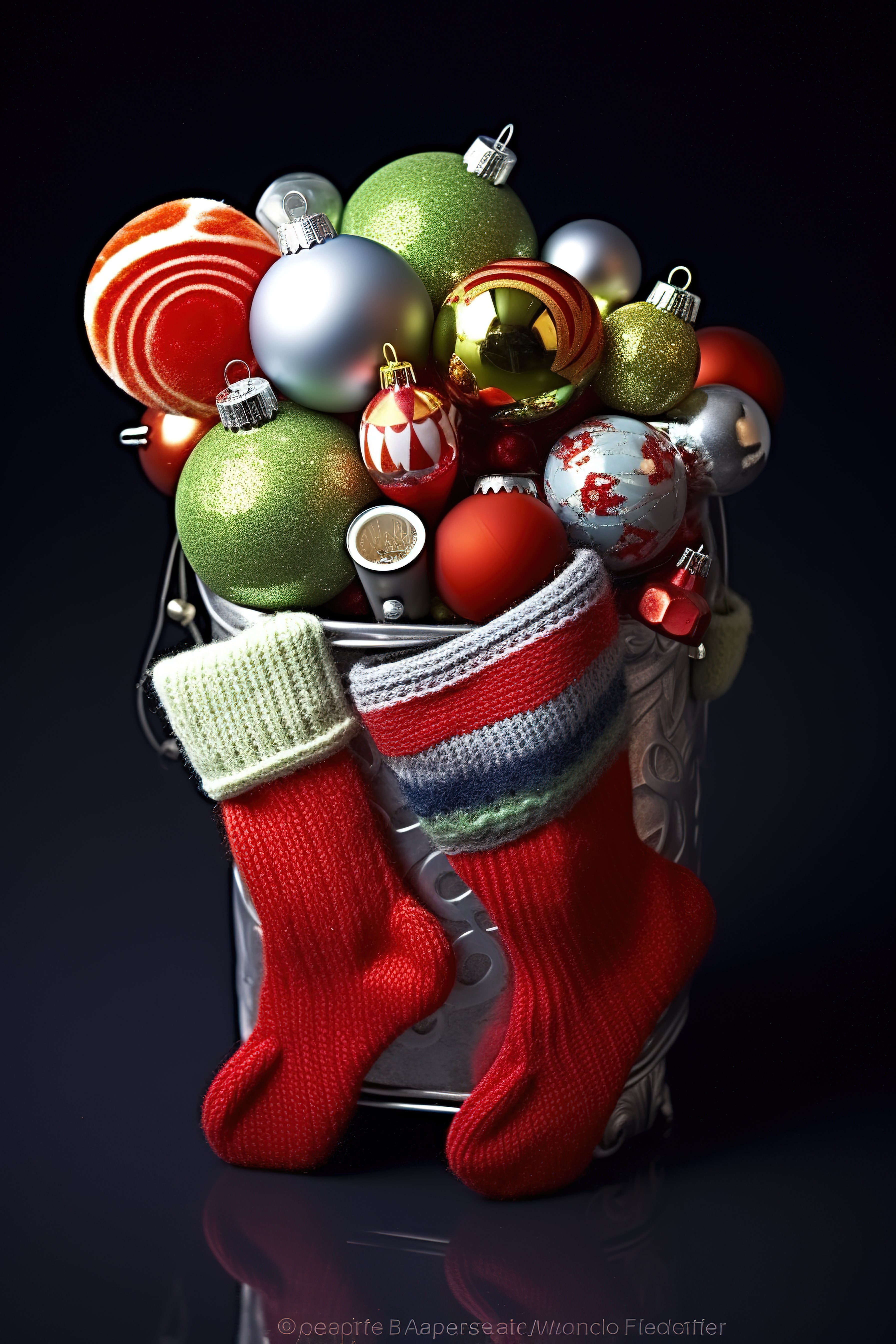 装满圣诞装饰品的针织袜子图片