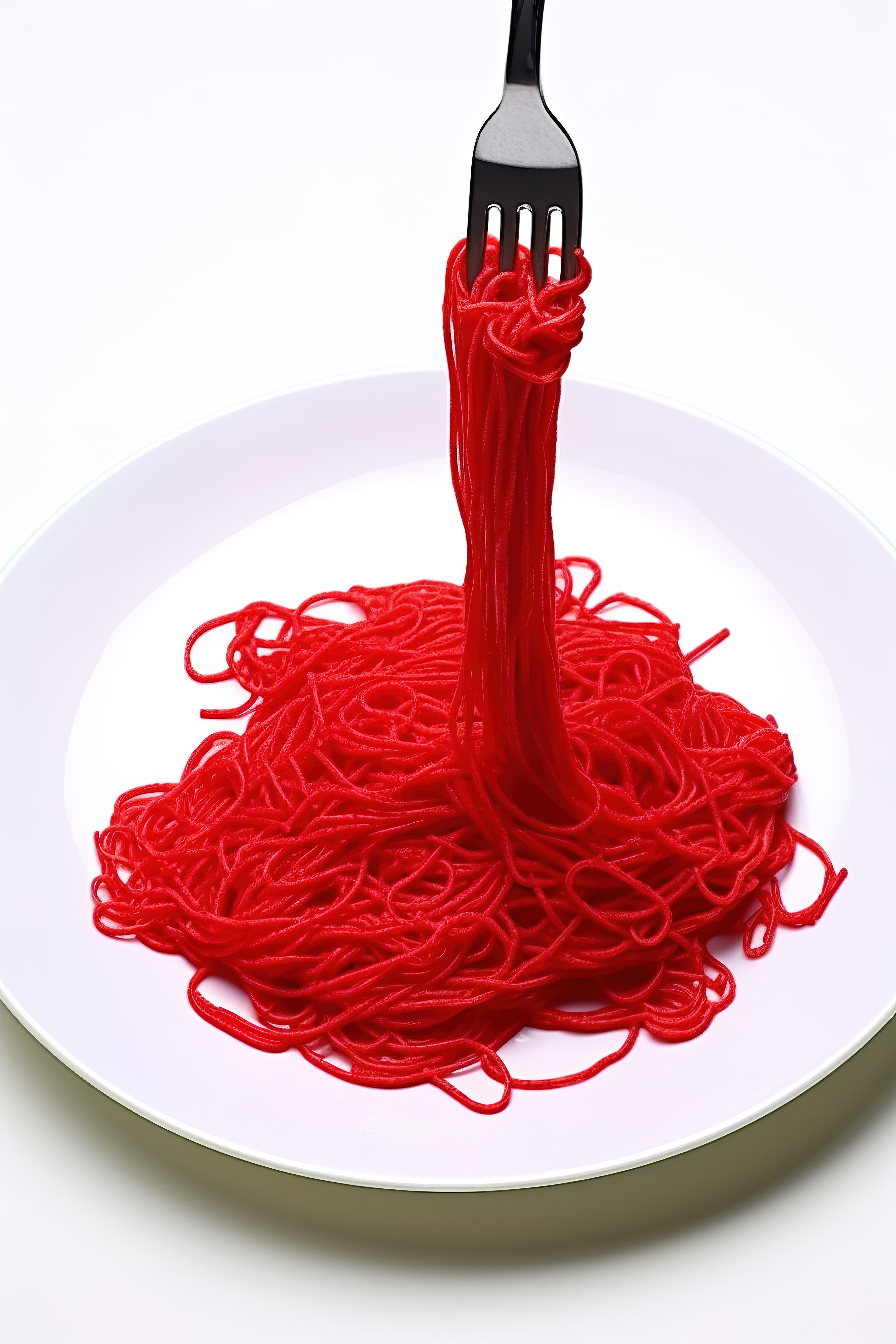 用叉子将红色意大利面条放在盘子上图片